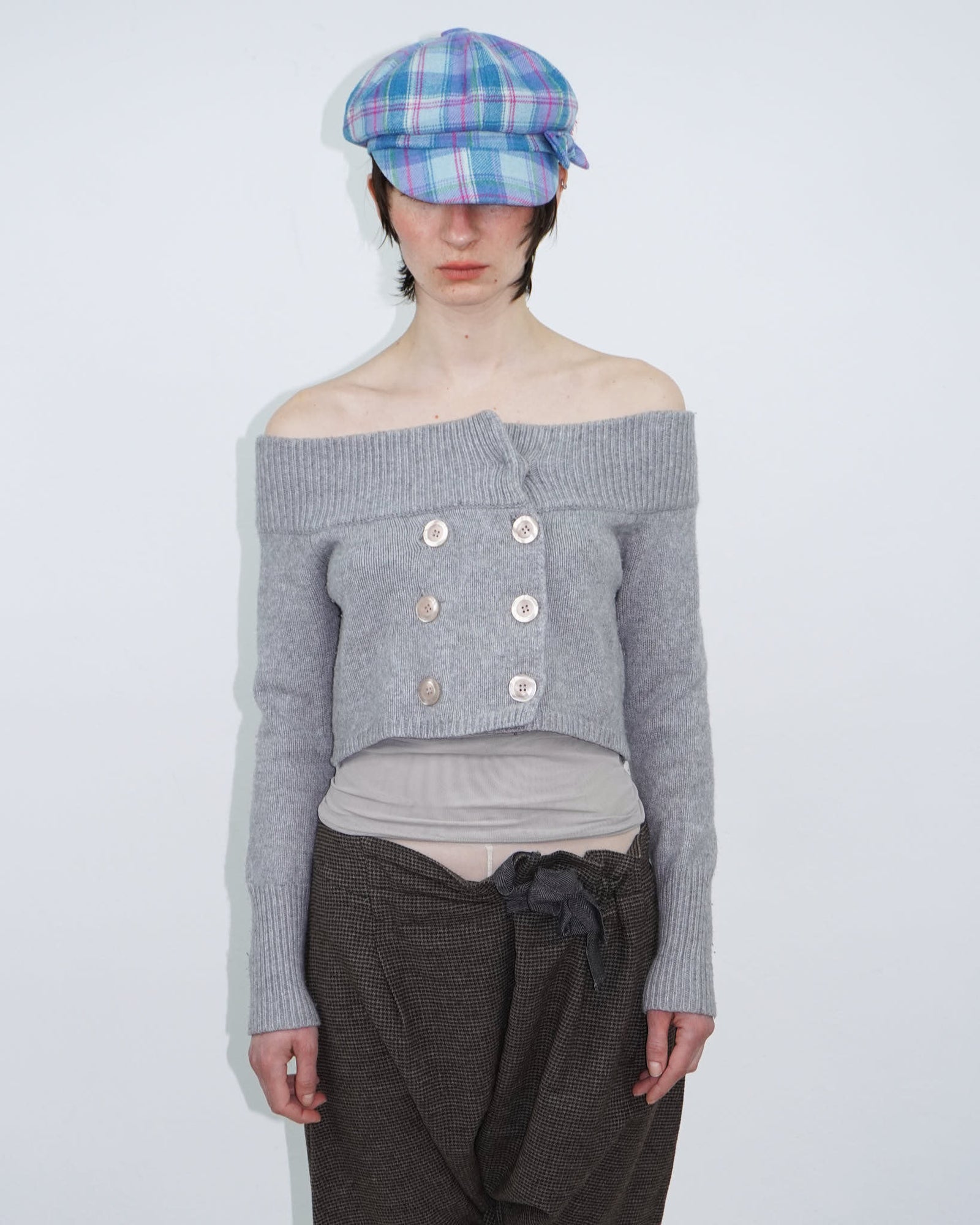 off-shoulder cropped knit top with buttons