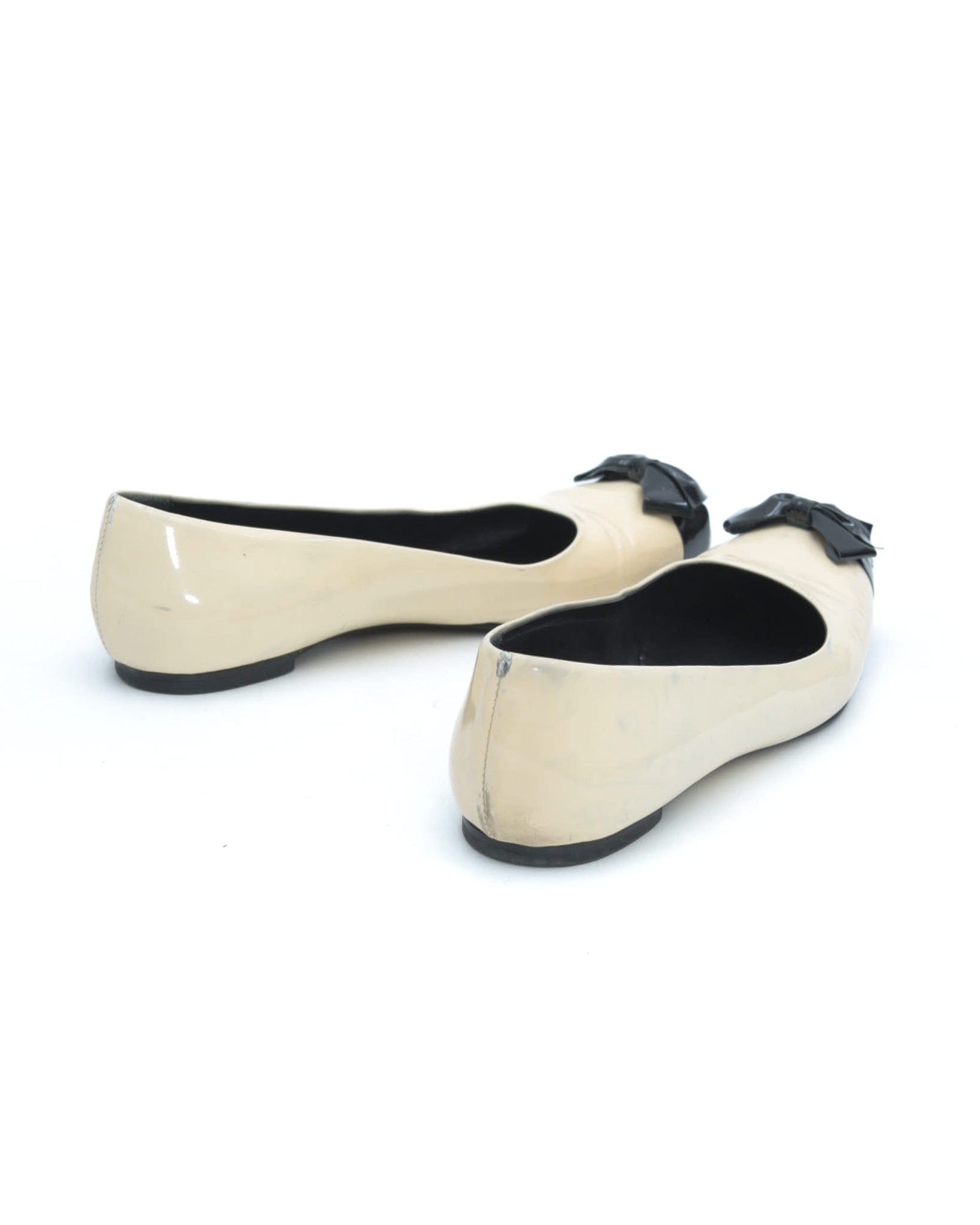 off white patent ballet flats with bow