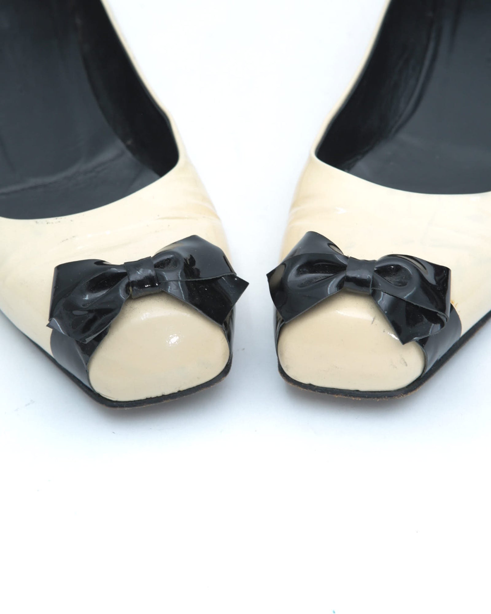off white patent ballet flats with bow