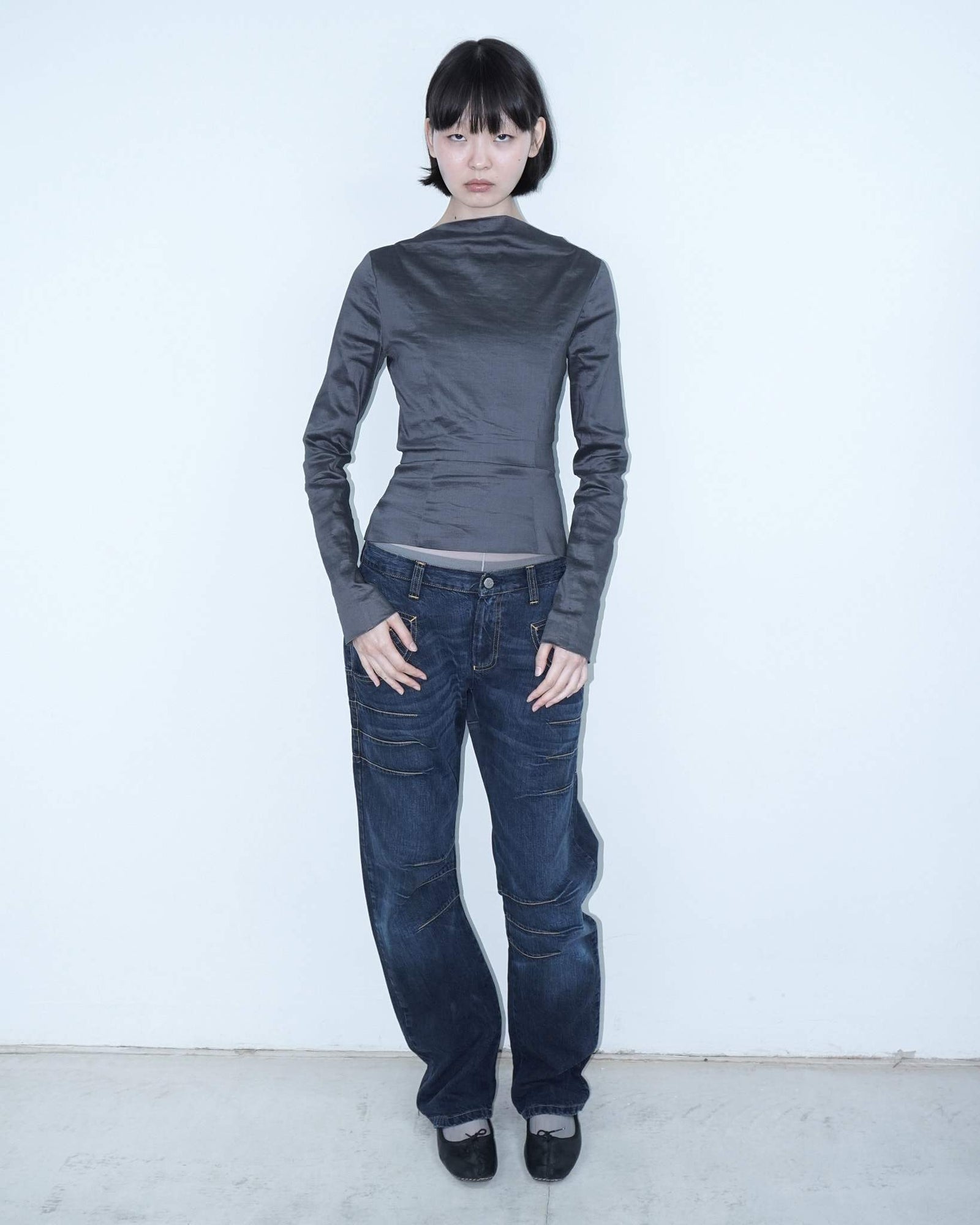 oversized denim pants with yellow stitching