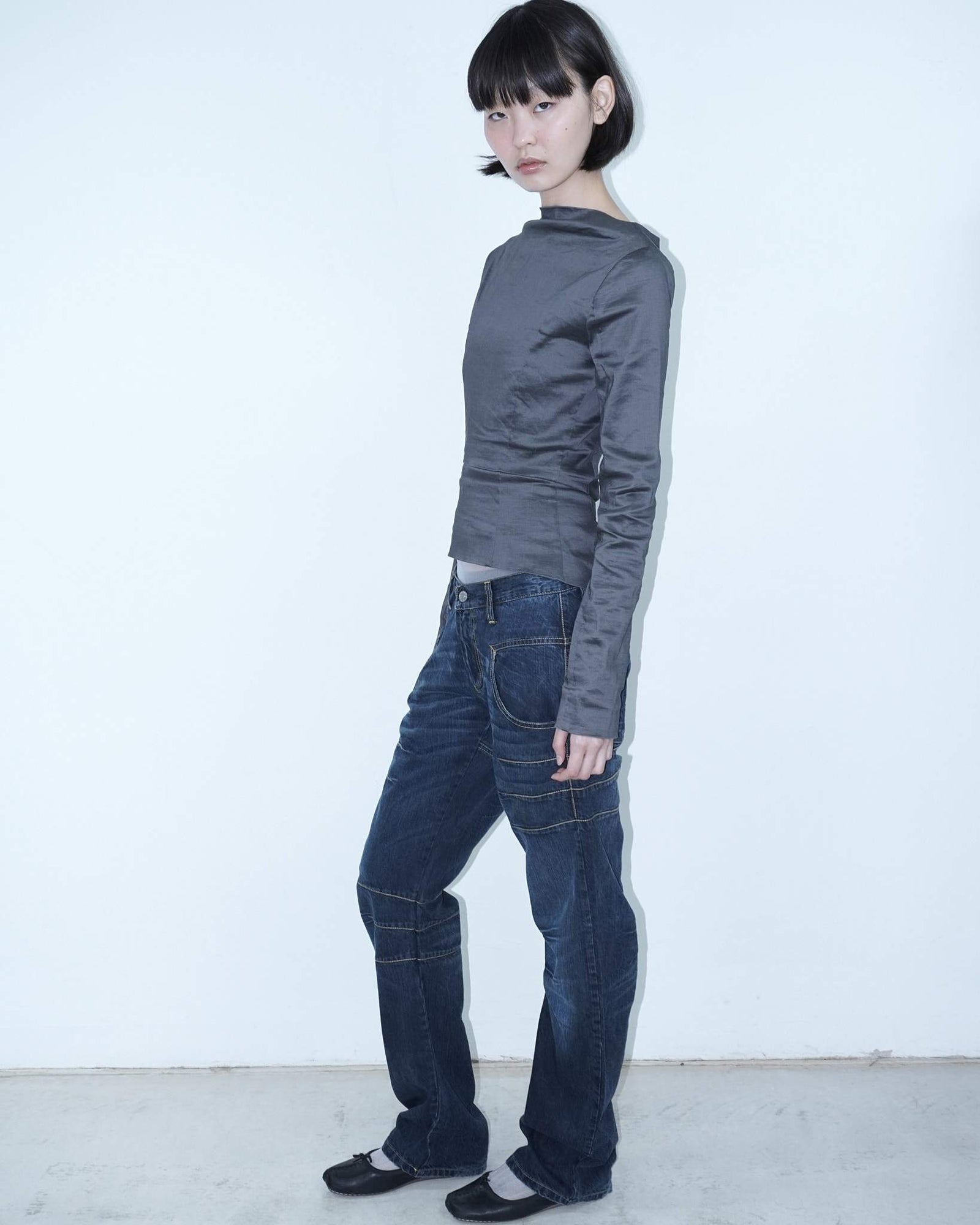 oversized denim pants with yellow stitching