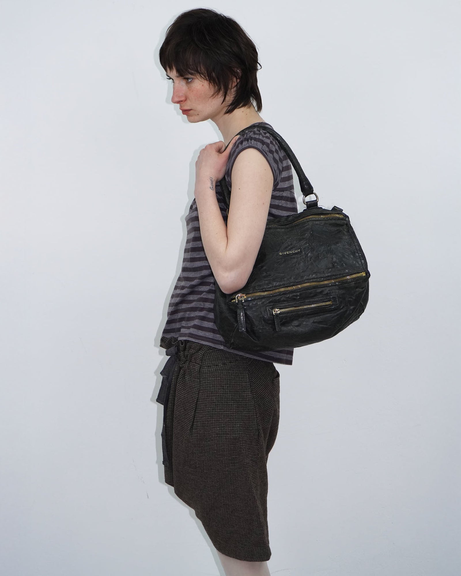 pandora black leather bag with golden hardware