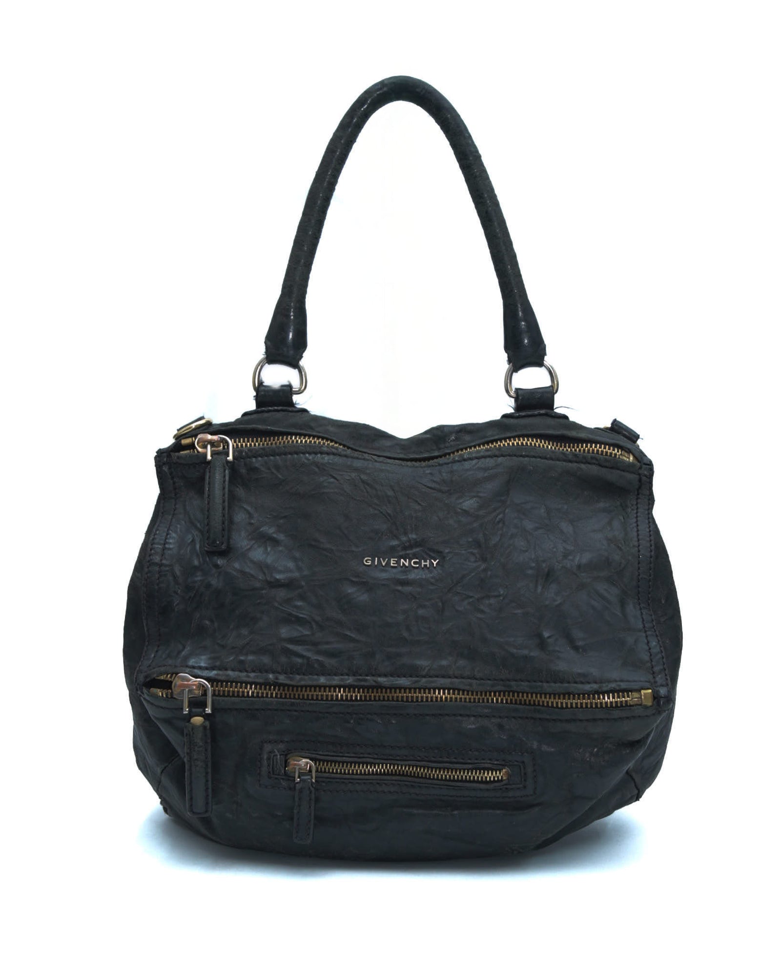pandora black leather bag with golden hardware