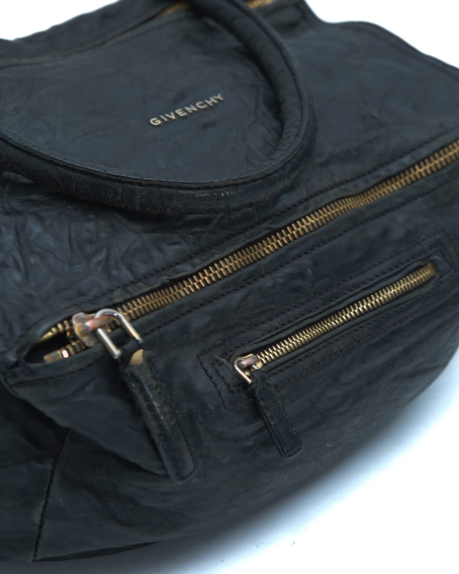 pandora black leather bag with golden hardware