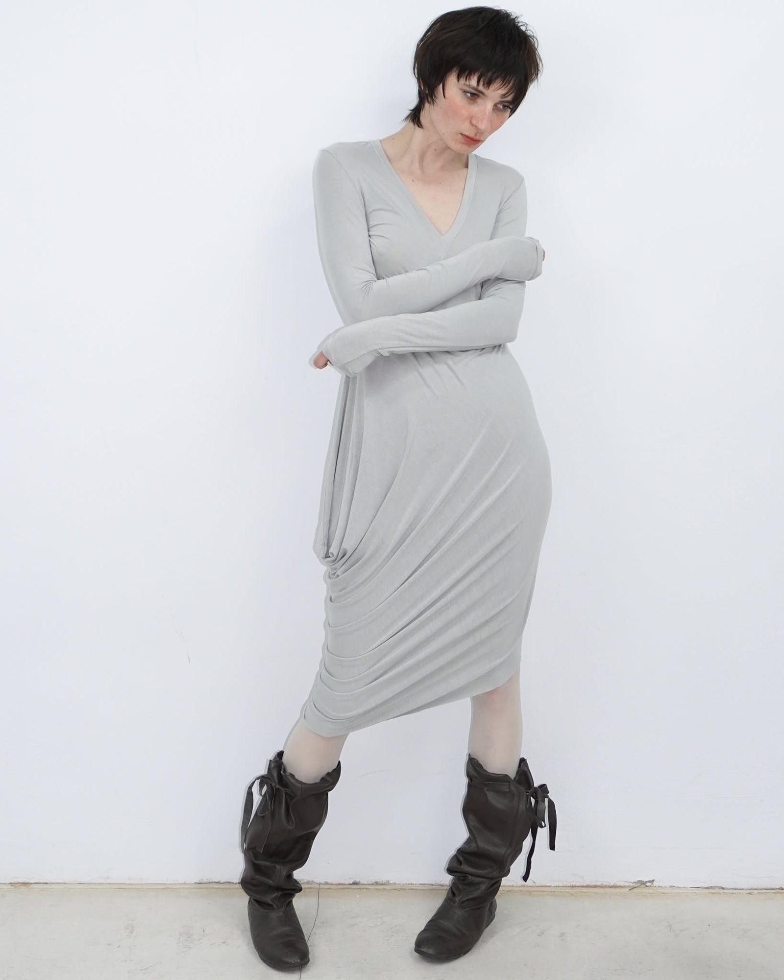 pearl gray asymmetrical dress