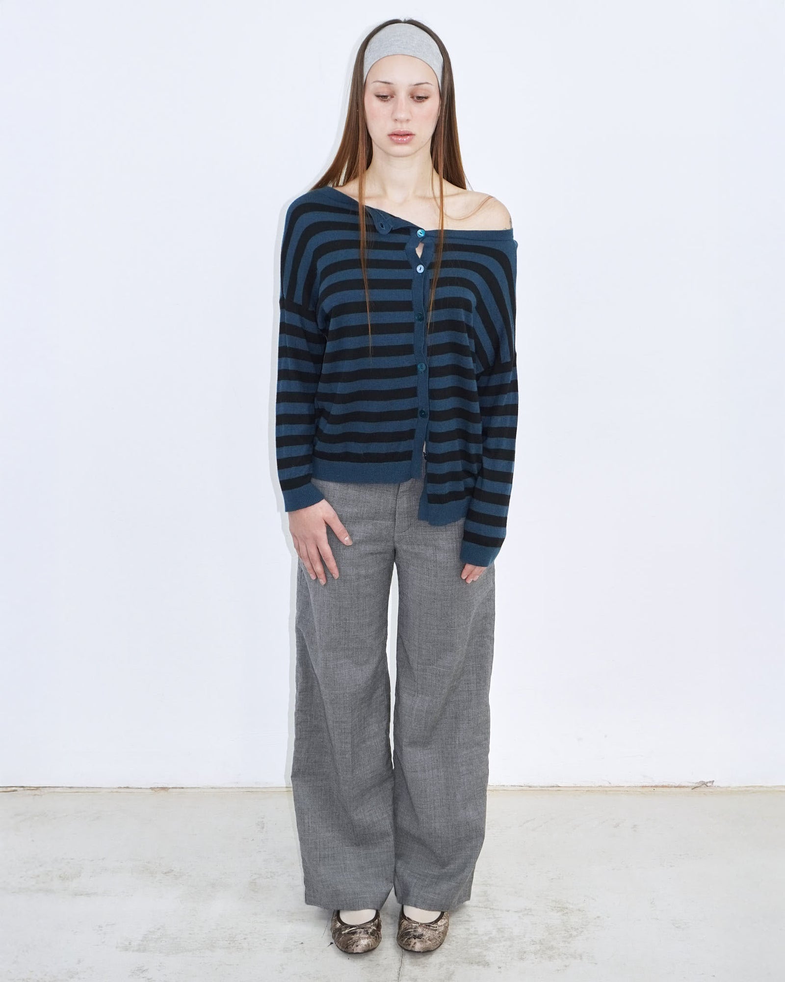 petrol blue and black striped round - neck cardigan