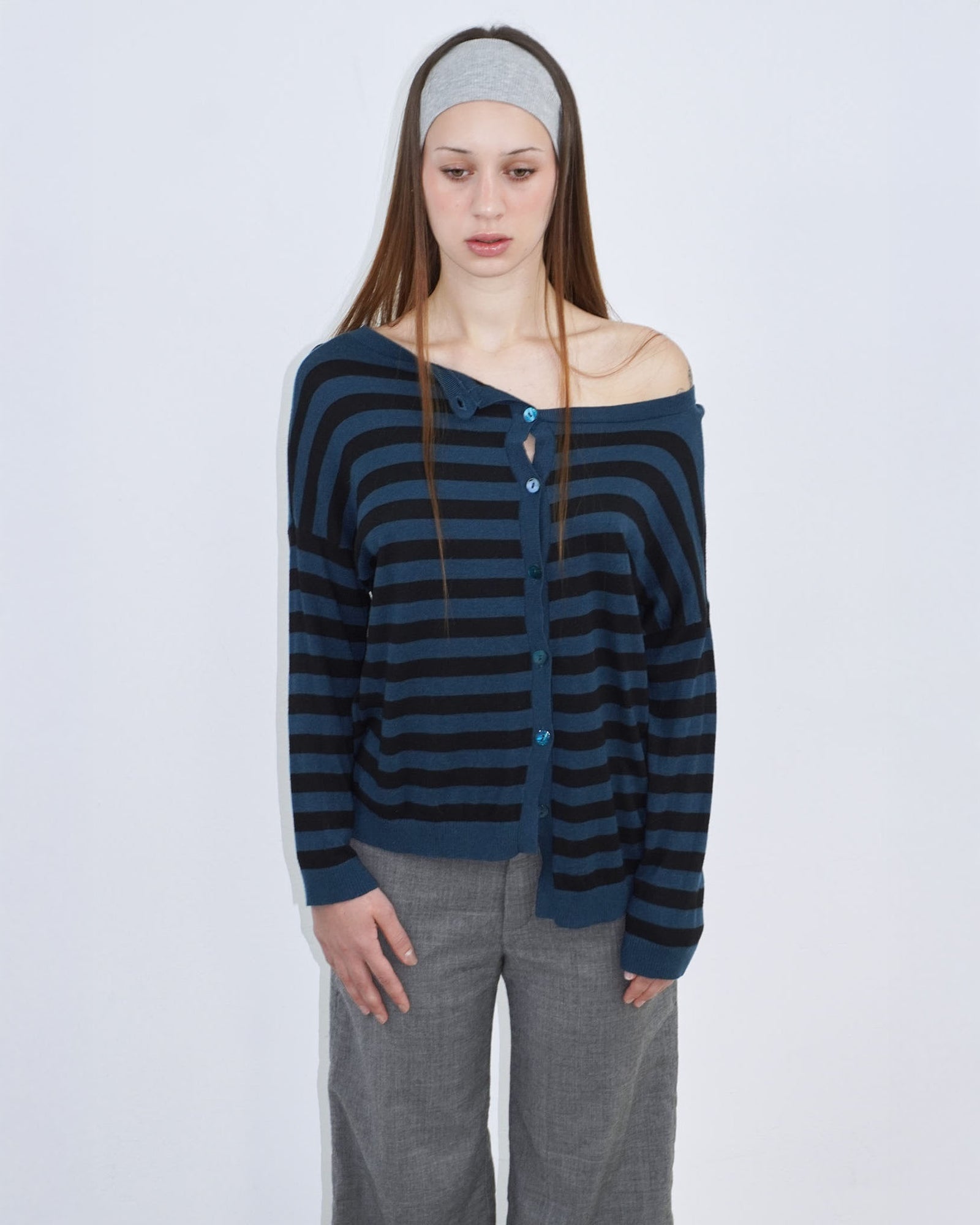 petrol blue and black striped round - neck cardigan