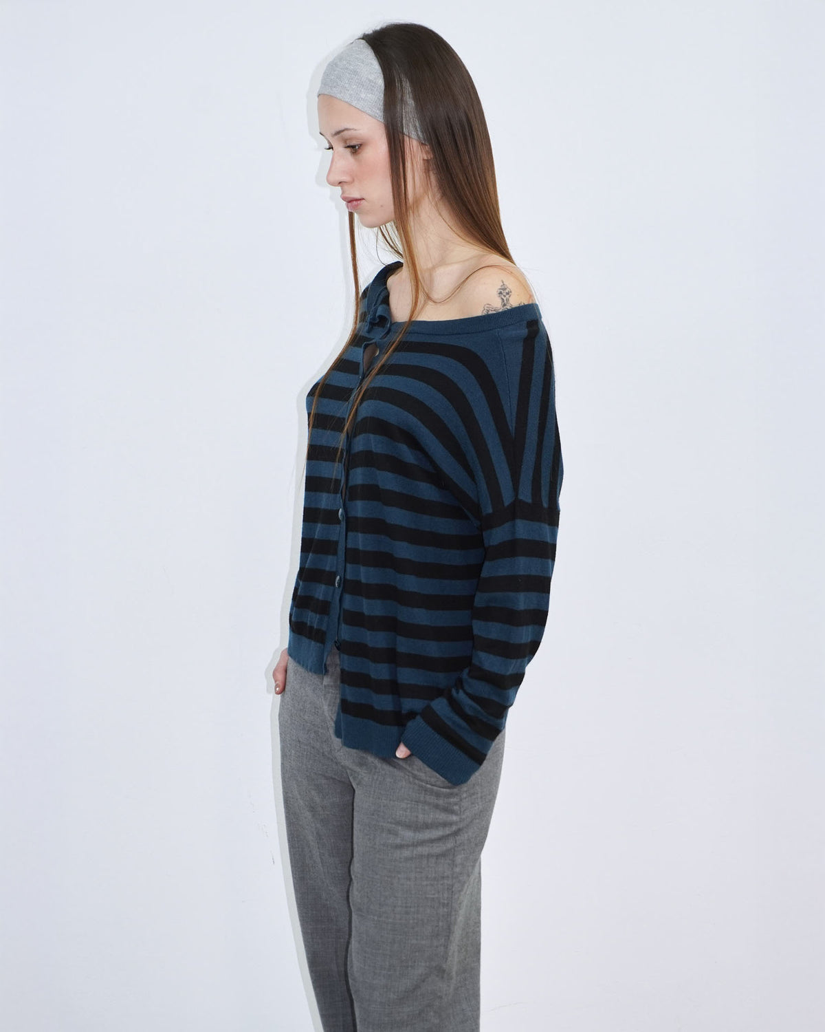 petrol blue and black striped round - neck cardigan