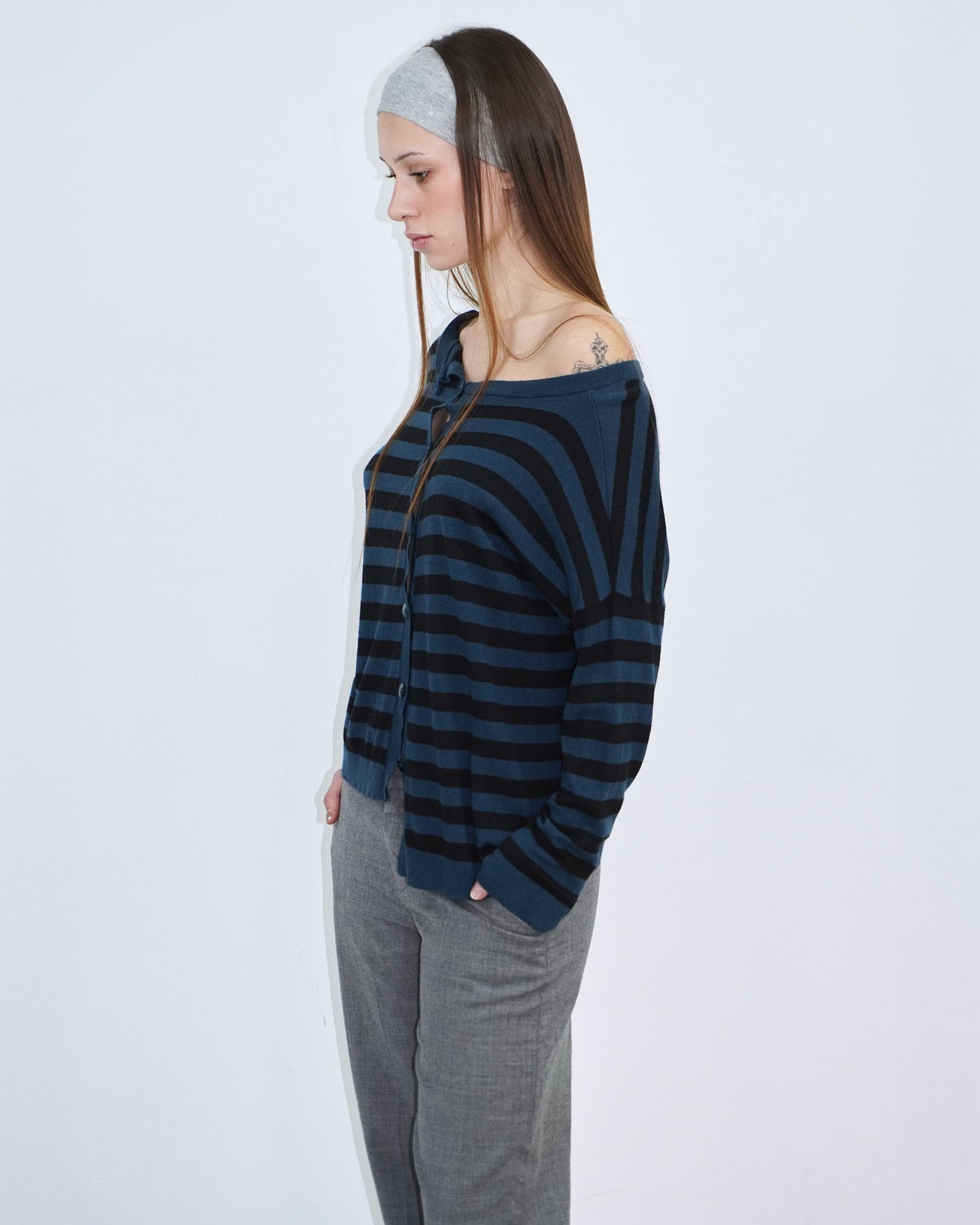 petrol blue and black striped round - neck cardigan