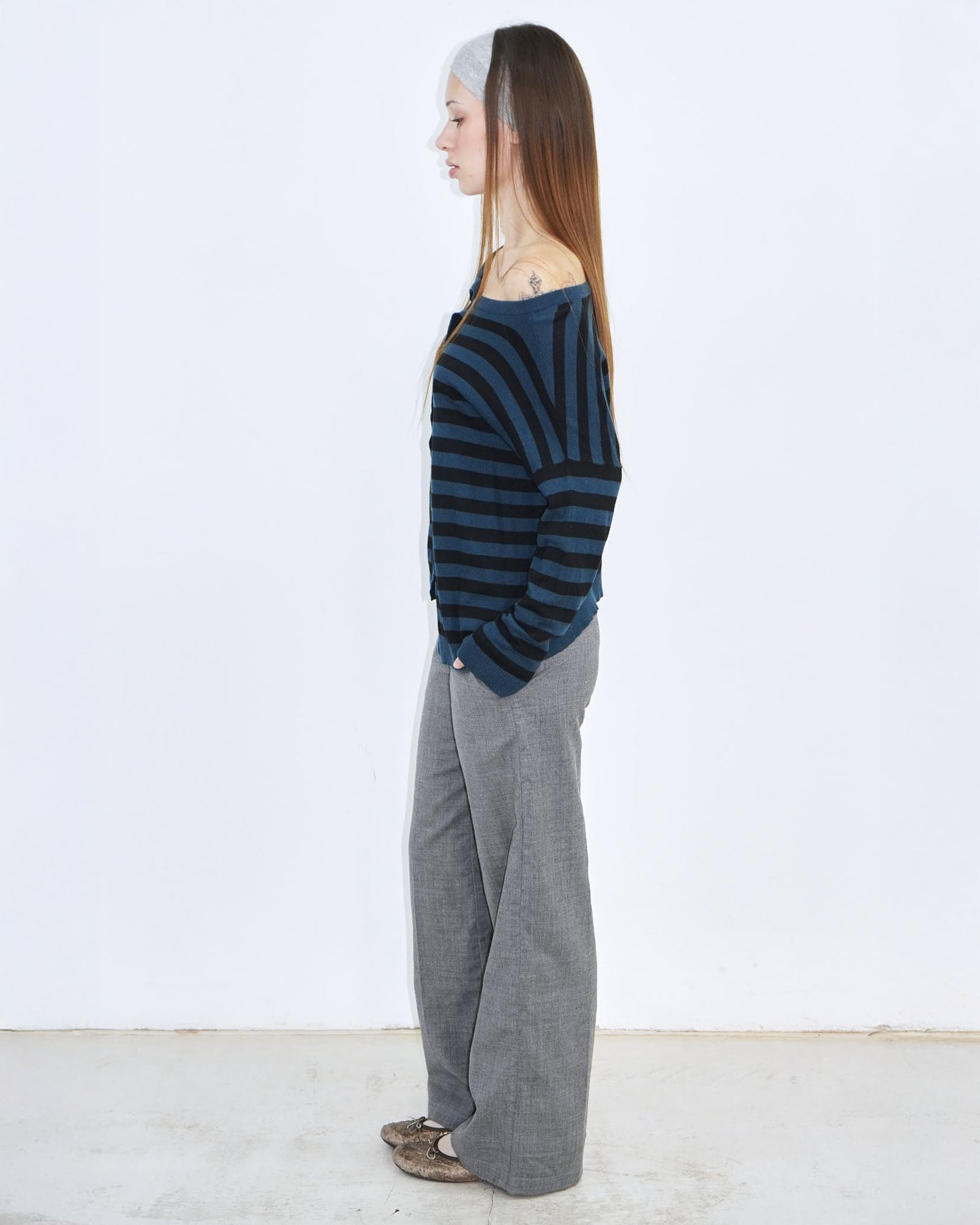 petrol blue and black striped round - neck cardigan