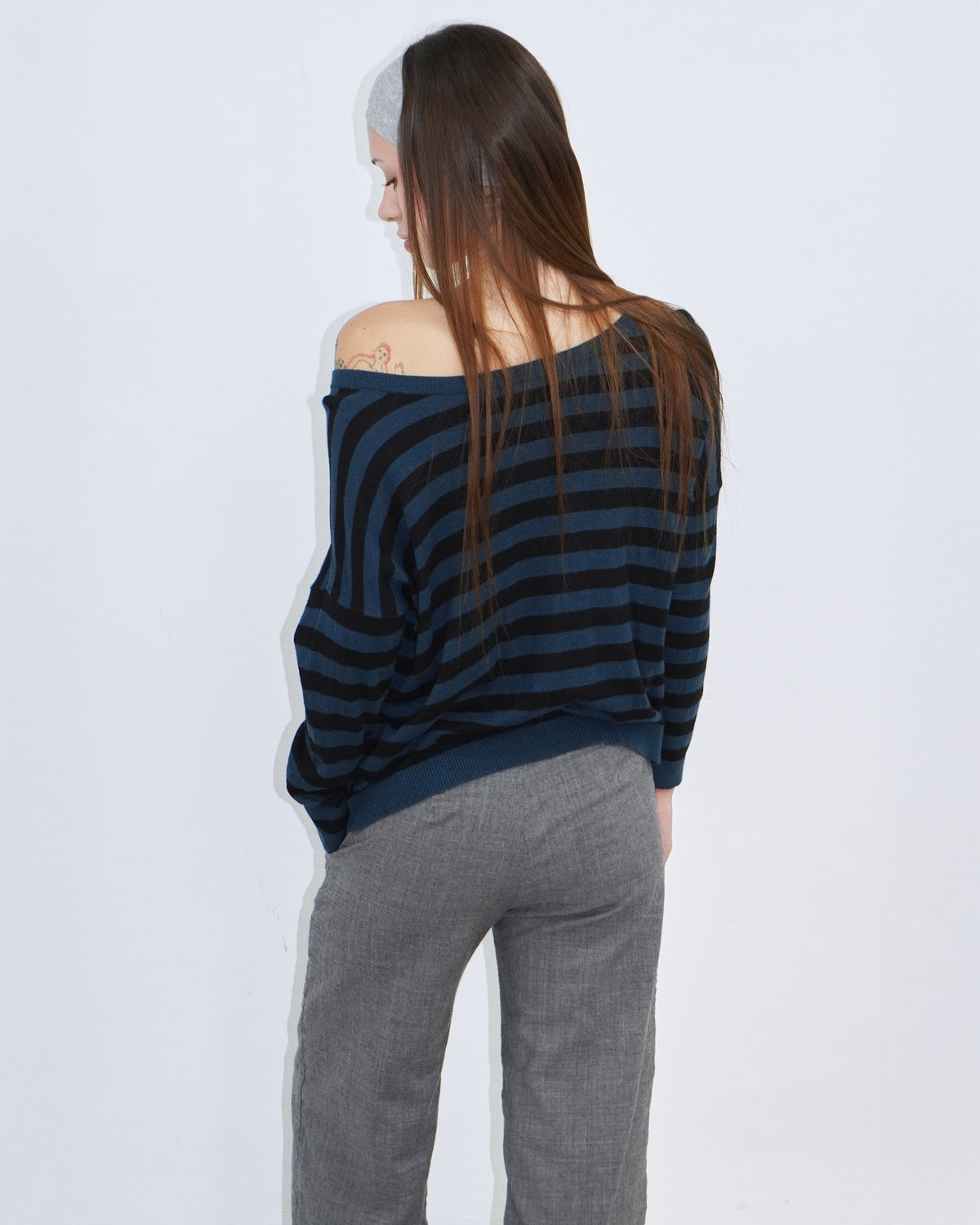 petrol blue and black striped round - neck cardigan