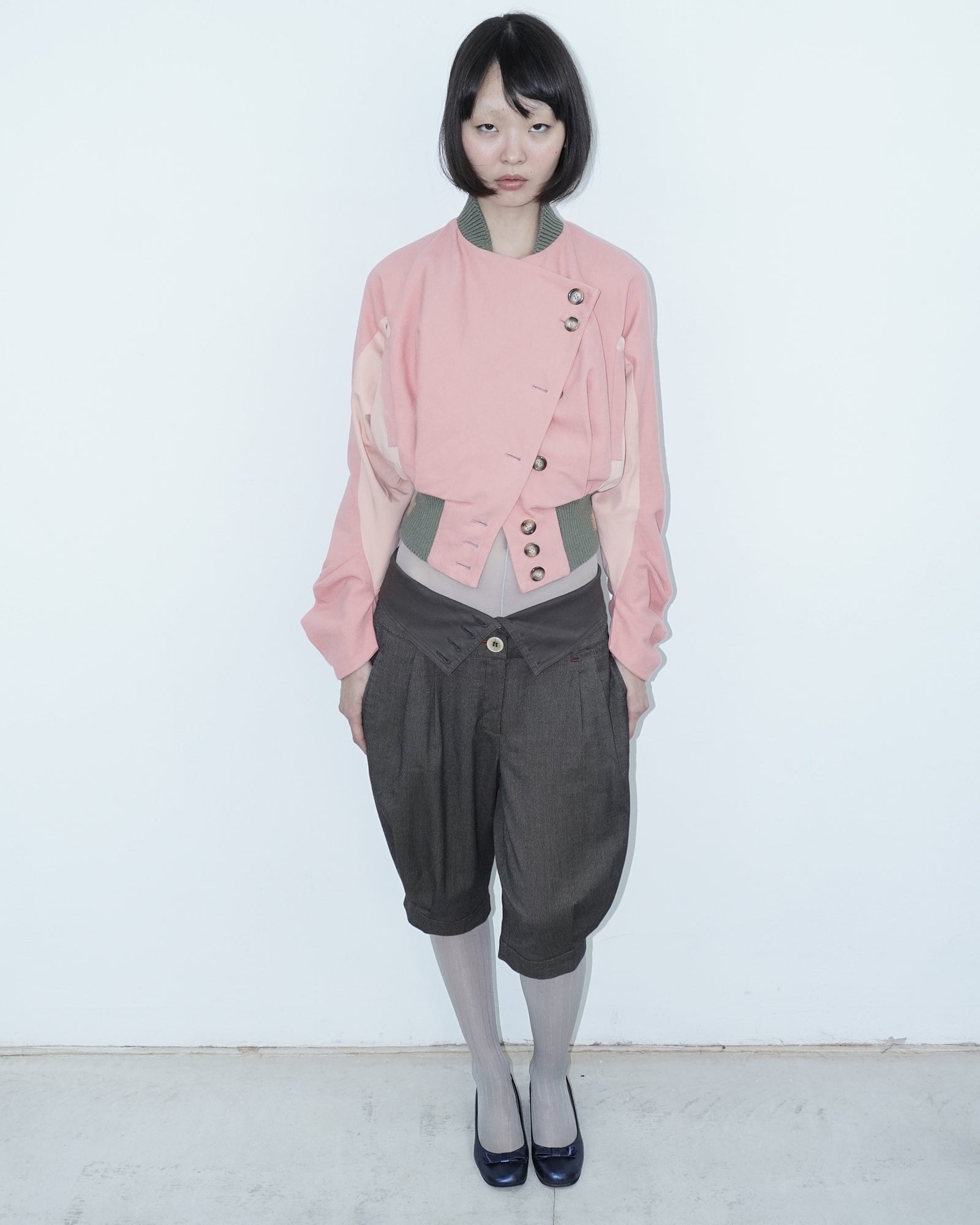 pink asymmetrical denim bomber jacket