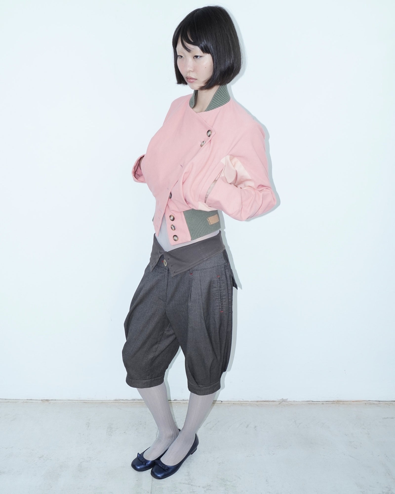 pink asymmetrical denim bomber jacket