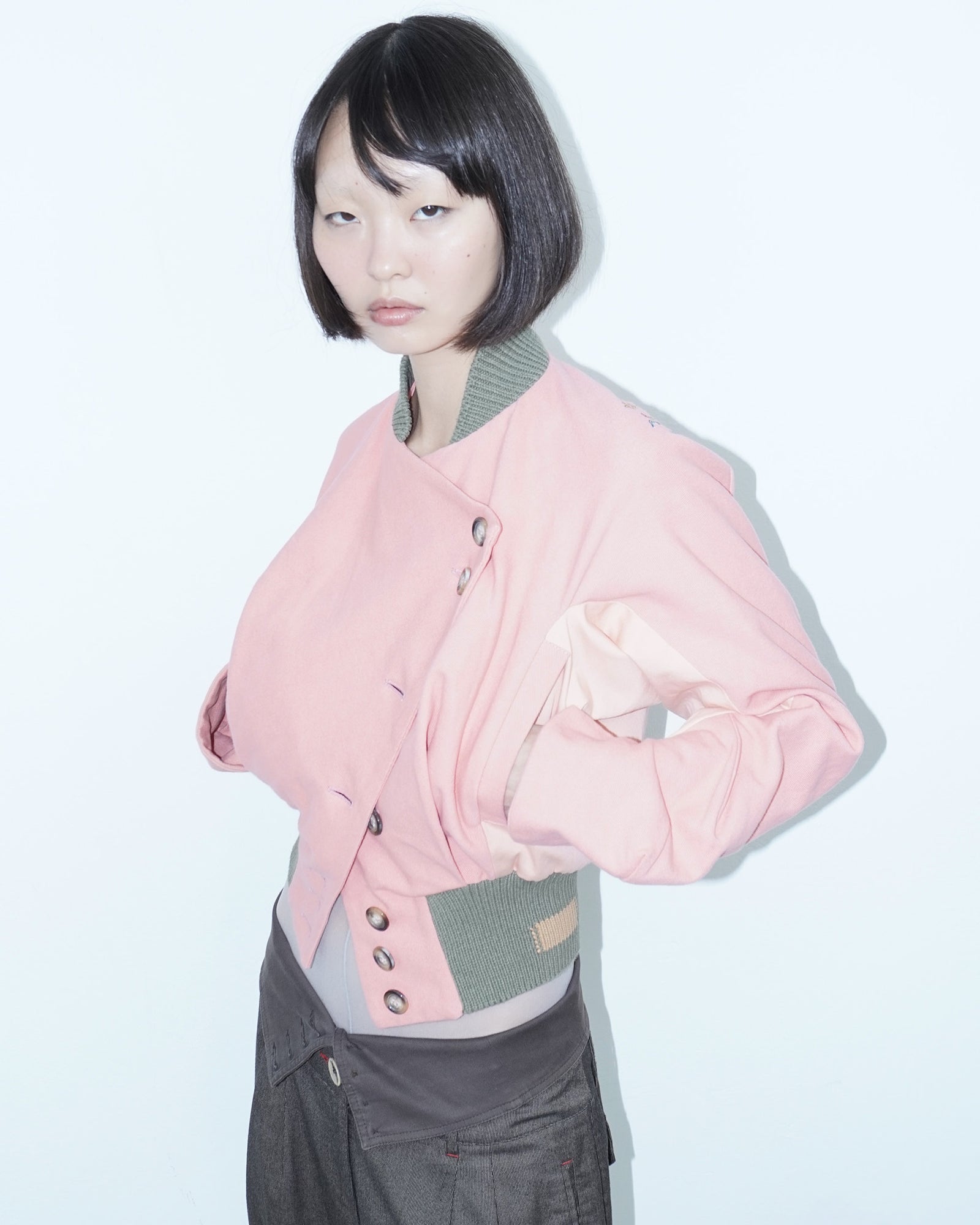 pink asymmetrical denim bomber jacket