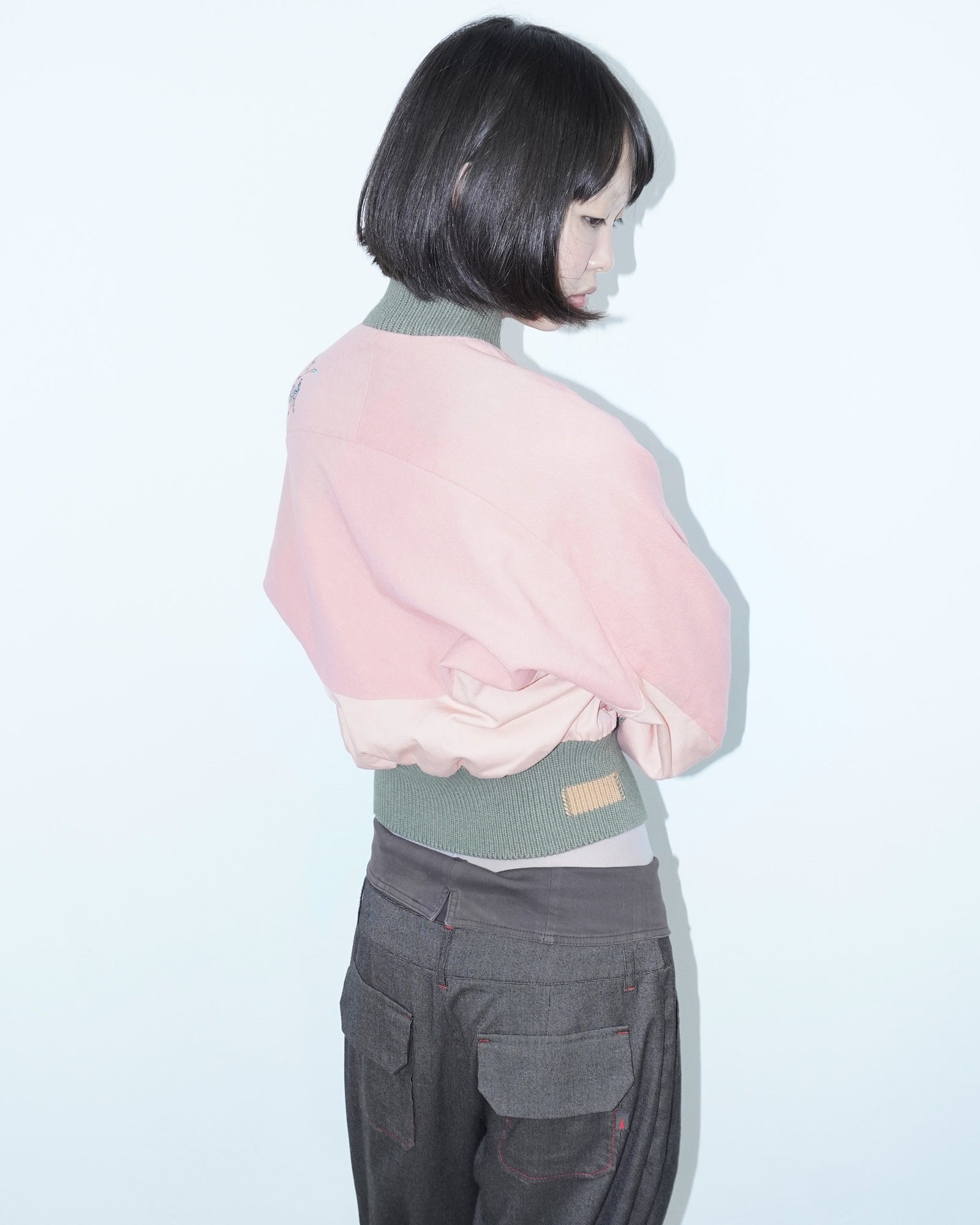 pink asymmetrical denim bomber jacket