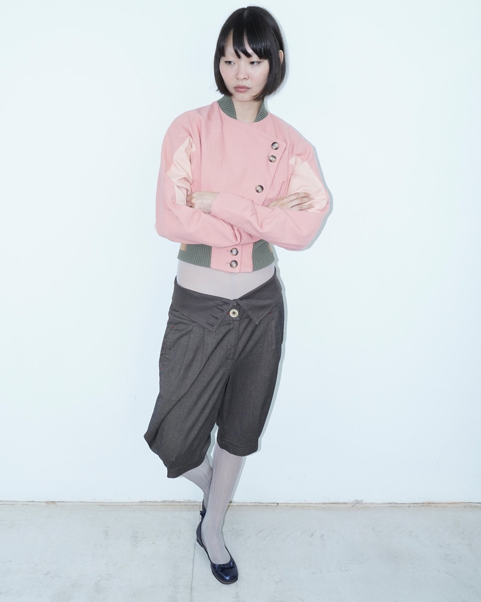 pink asymmetrical denim bomber jacket