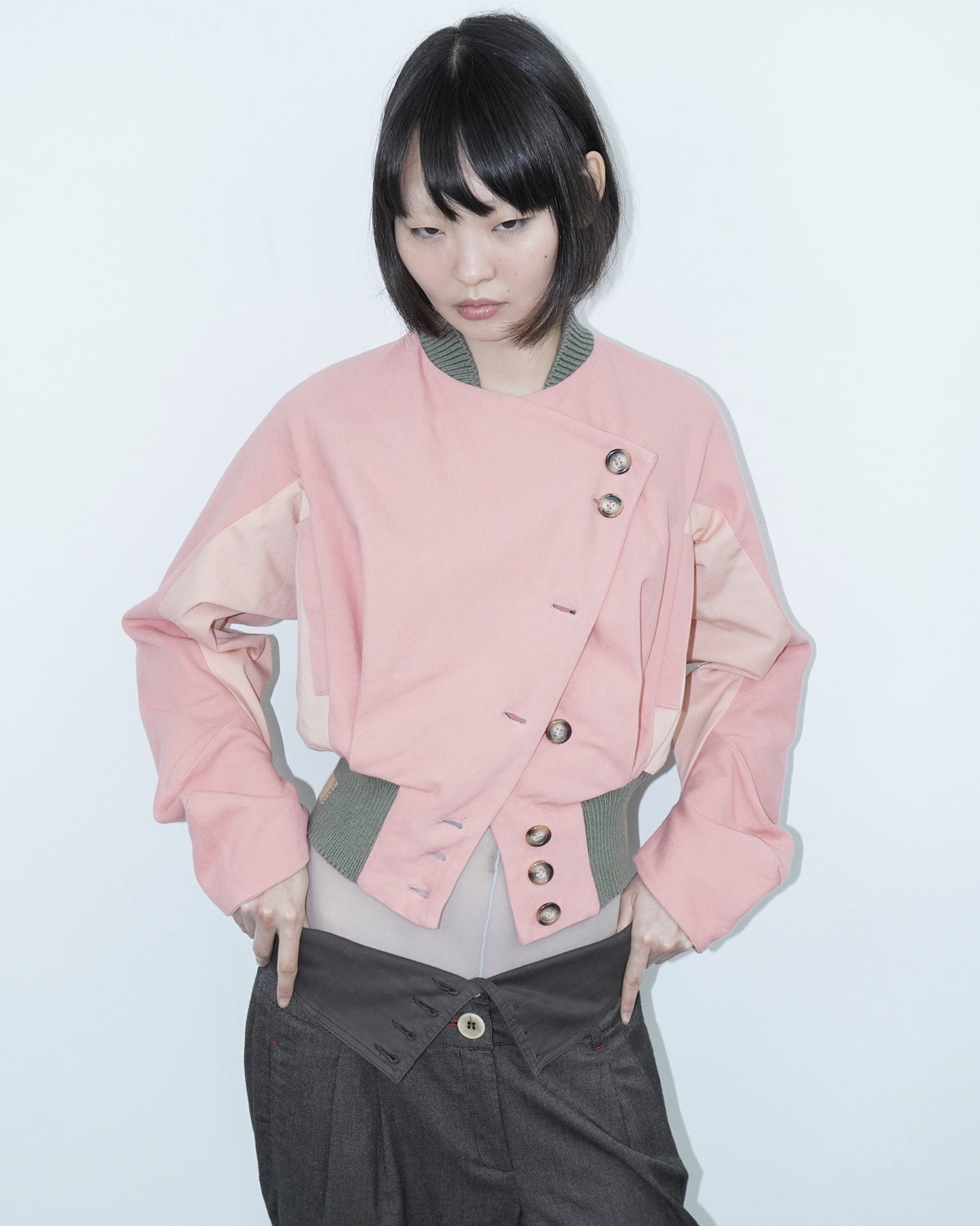 pink asymmetrical denim bomber jacket