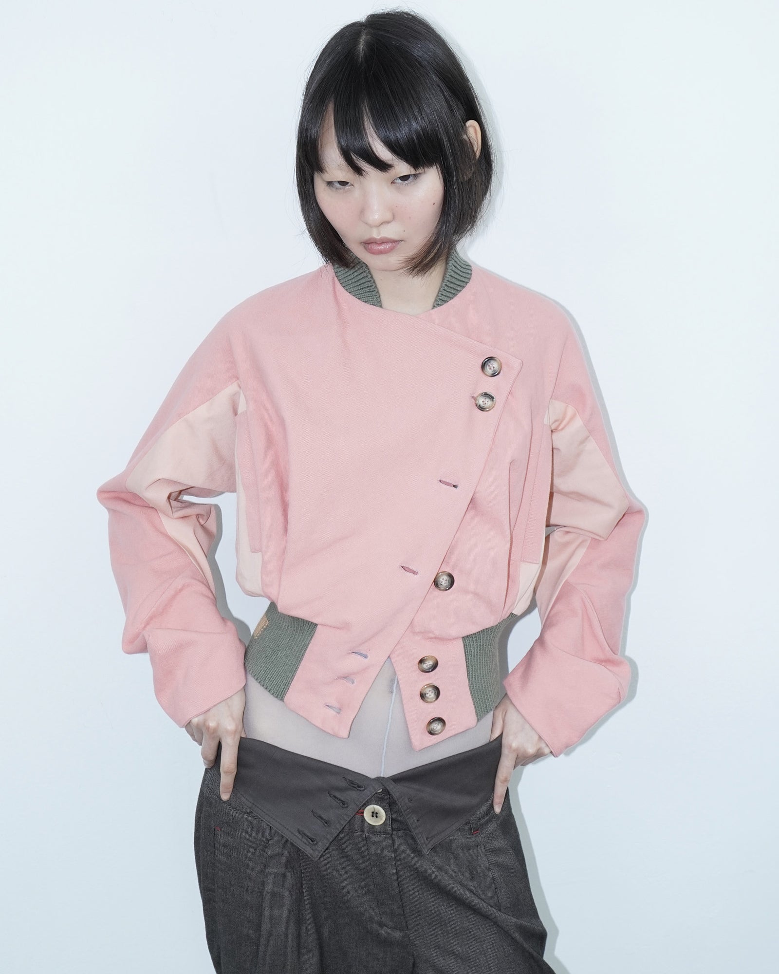 pink asymmetrical denim bomber jacket