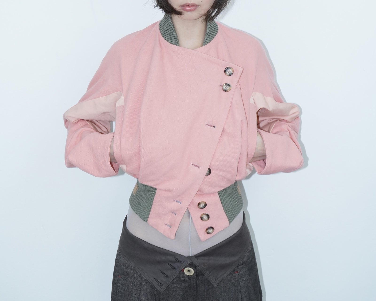 pink asymmetrical denim bomber jacket