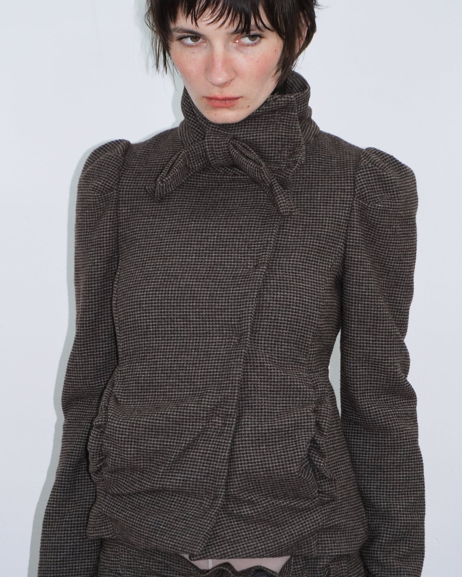 plaid wool blazer with bow detail