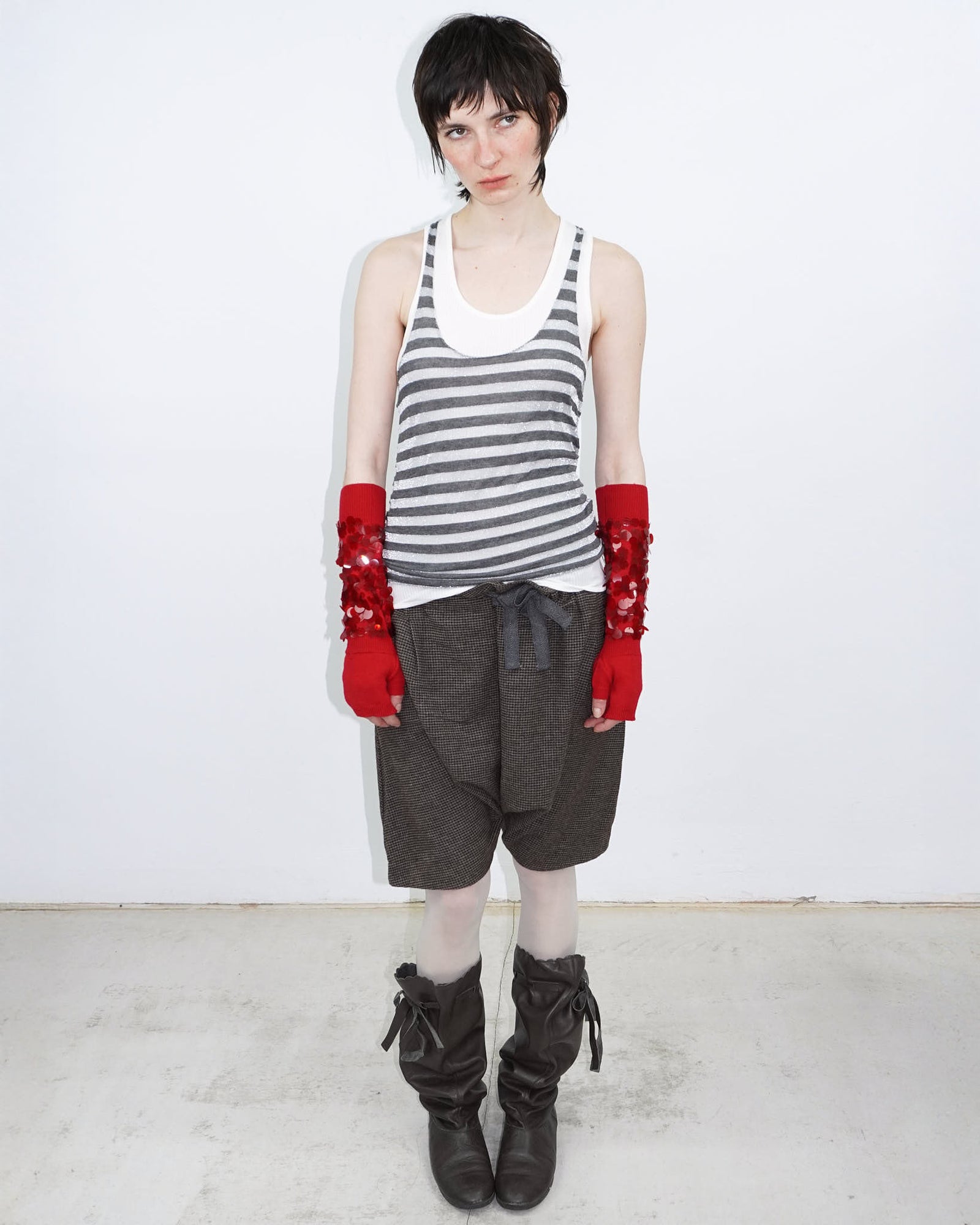 red sequin embellished wool arm warmers