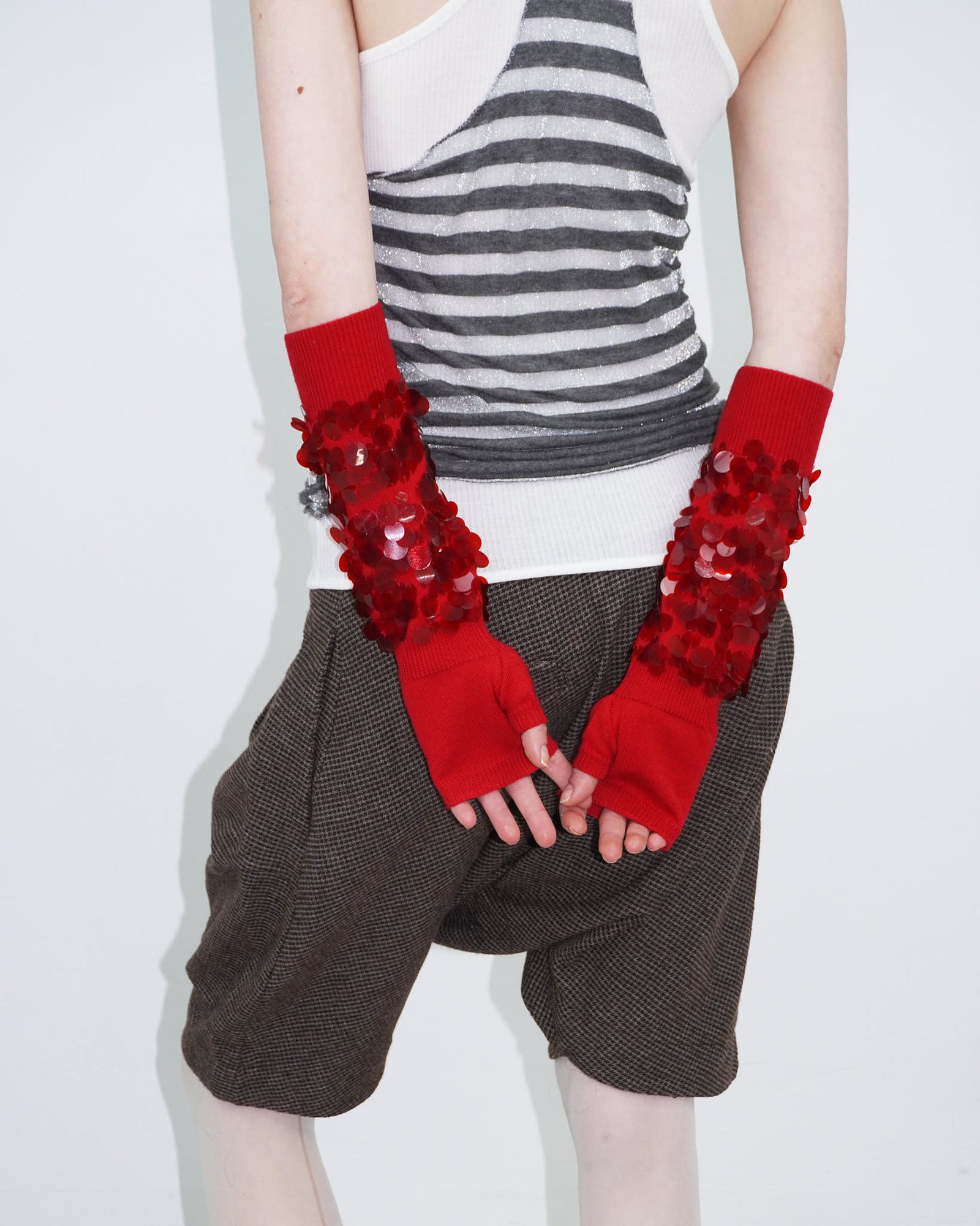 red sequin embellished wool arm warmers