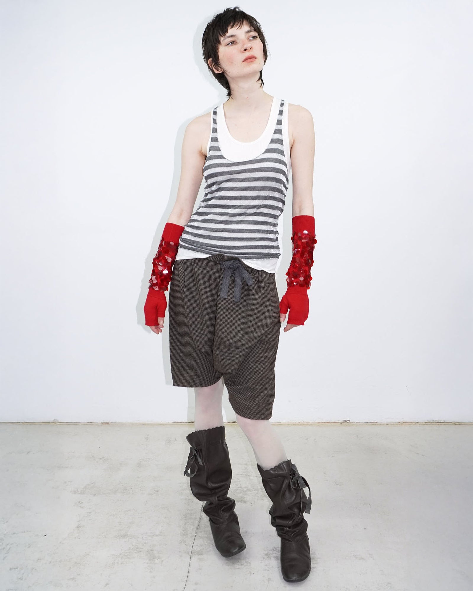 red sequin embellished wool arm warmers
