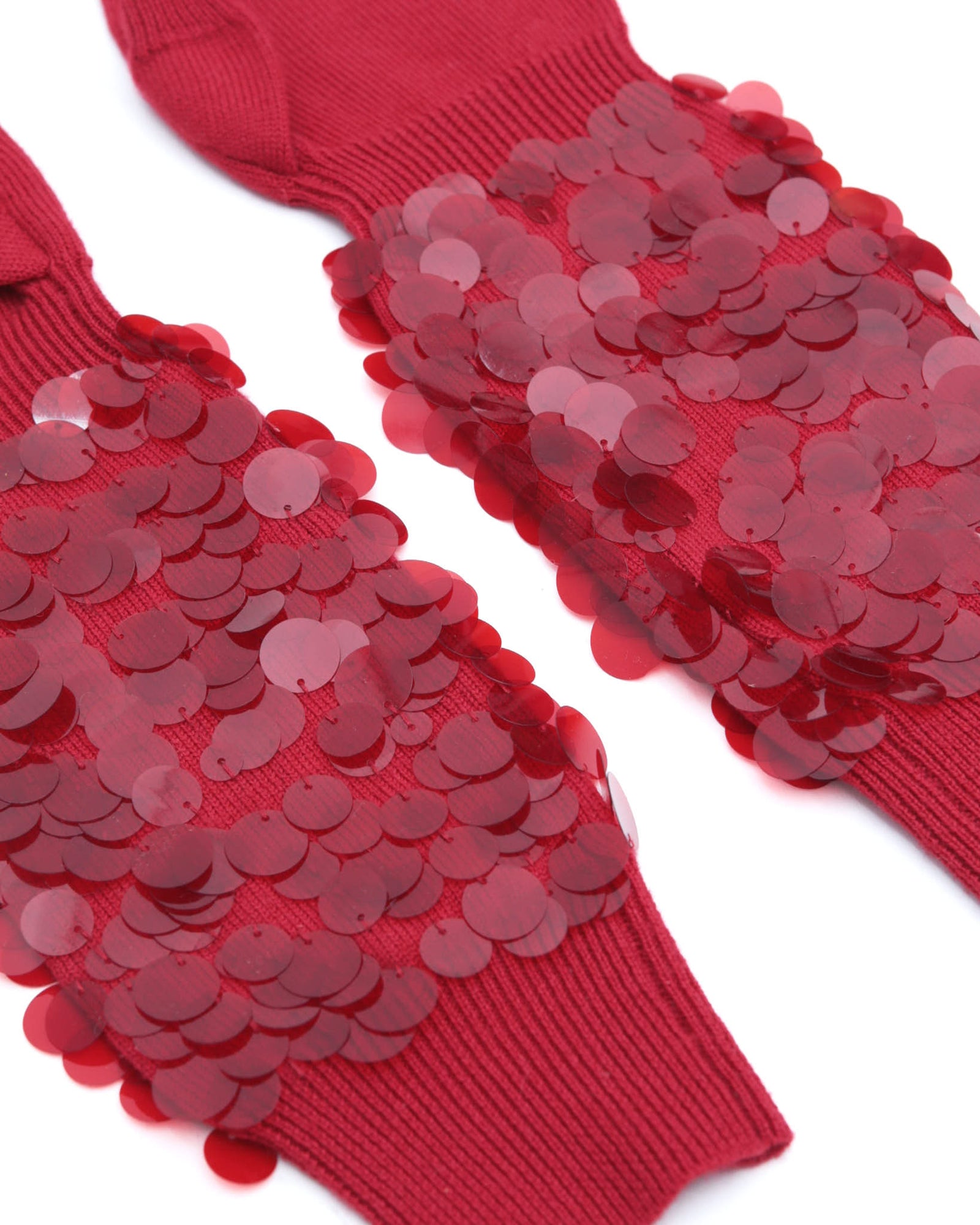 red sequin embellished wool arm warmers