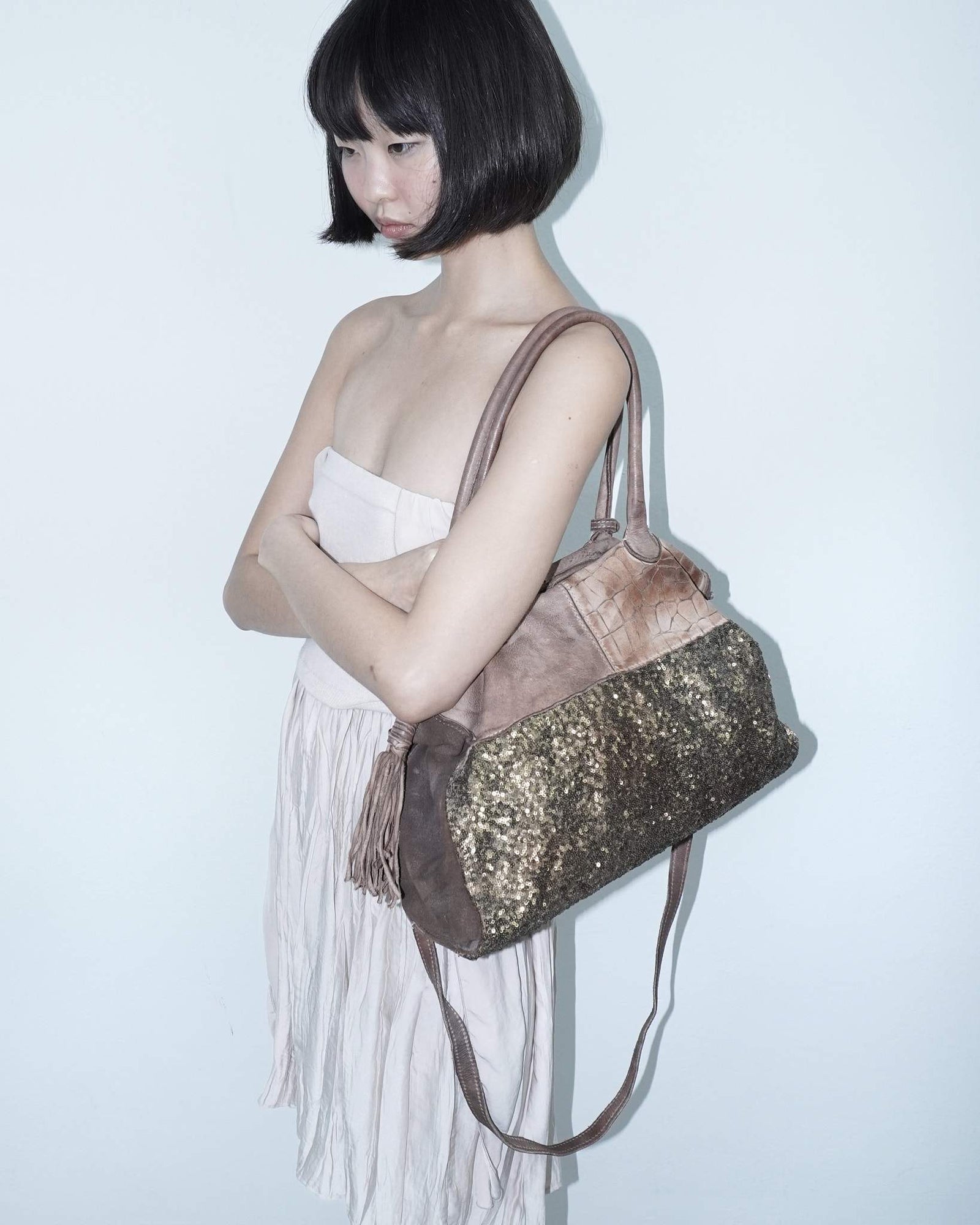 sequins chestnut multi texture leather bag