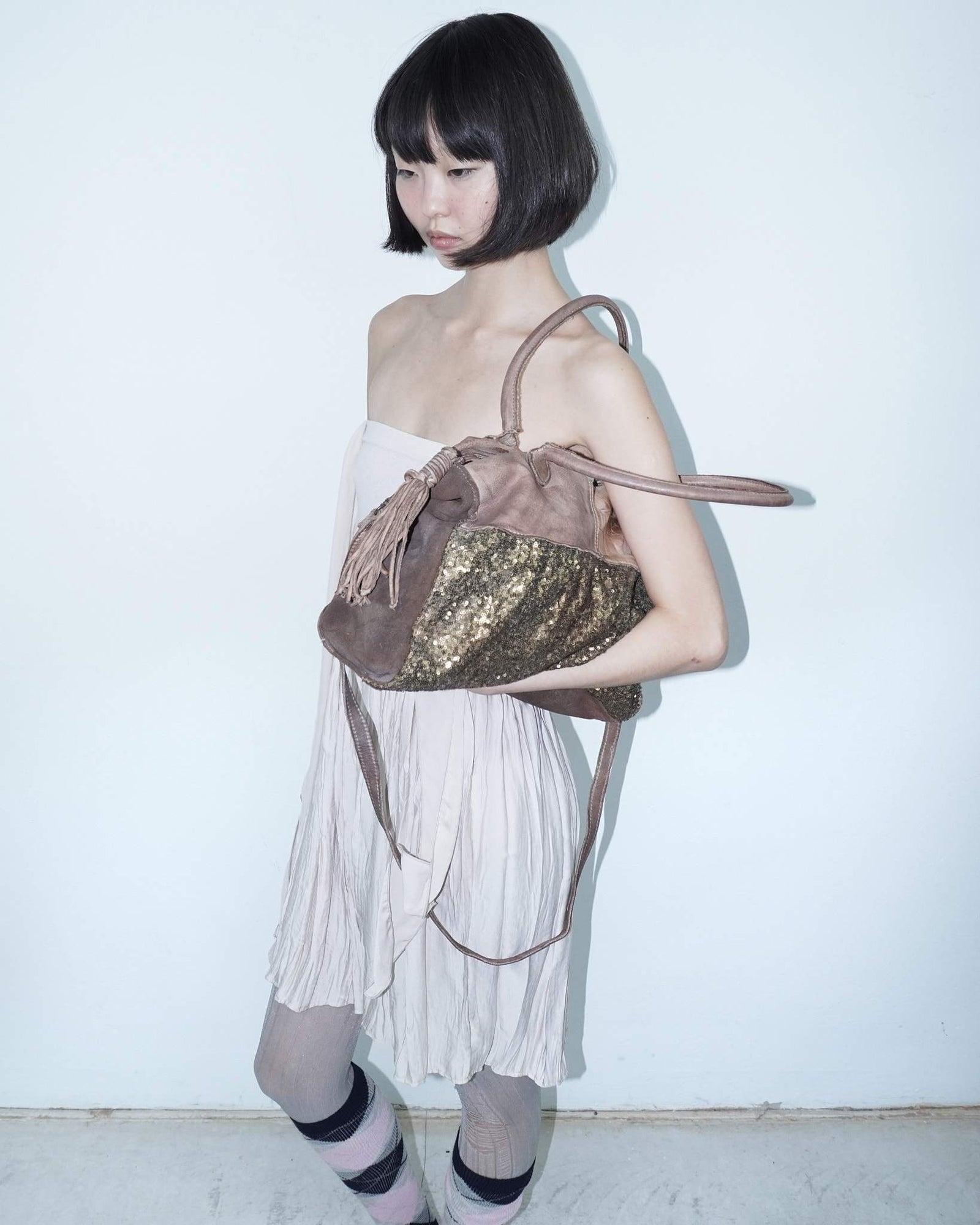 sequins chestnut multi texture leather bag