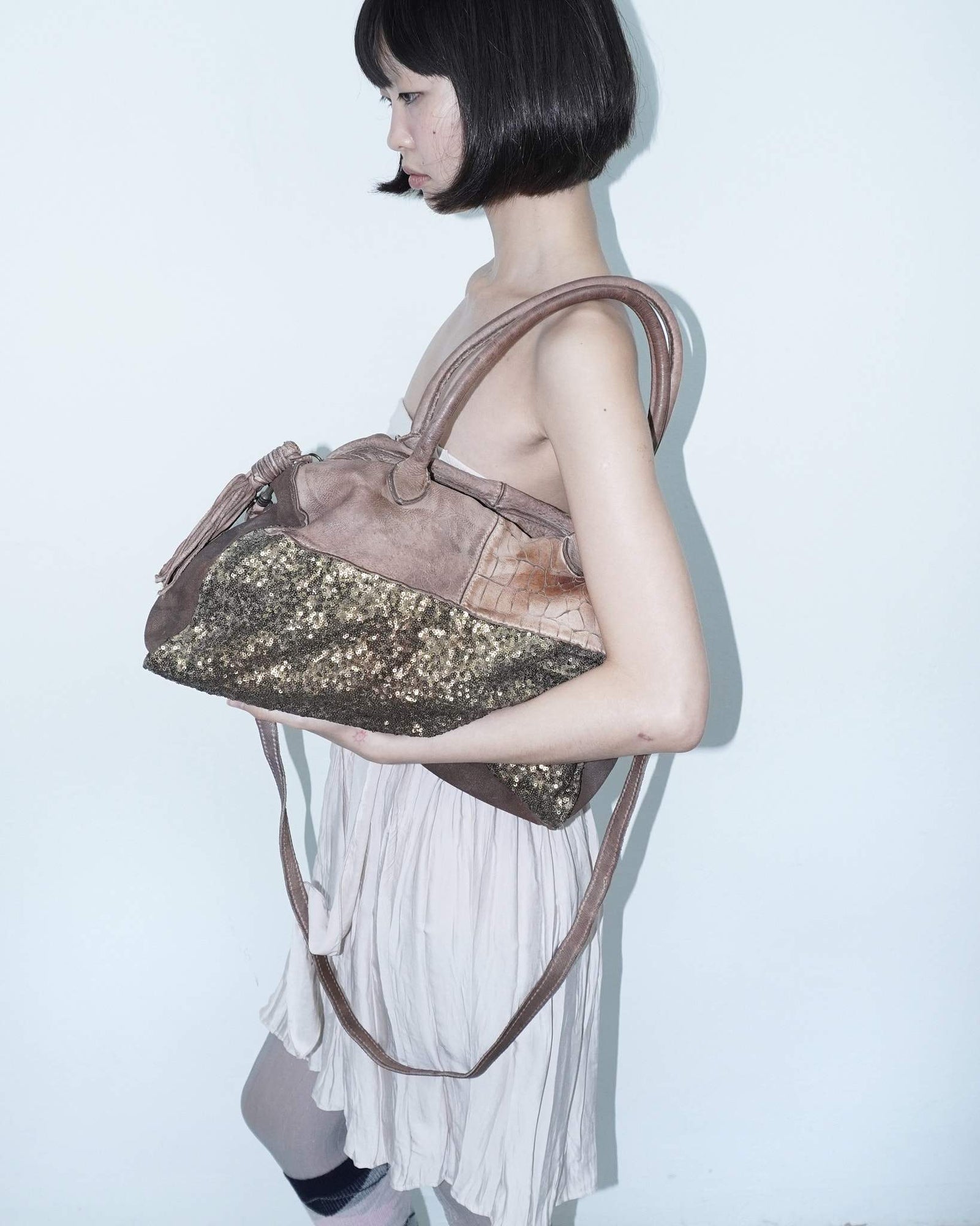 sequins chestnut multi texture leather bag