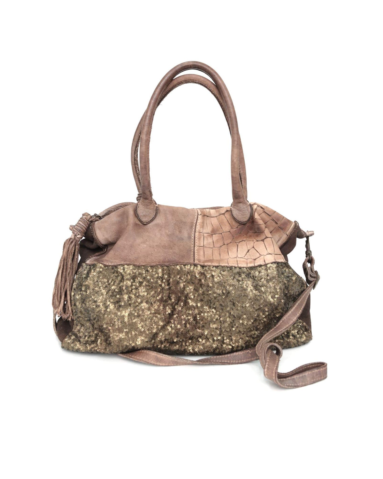 sequins chestnut multi texture leather bag