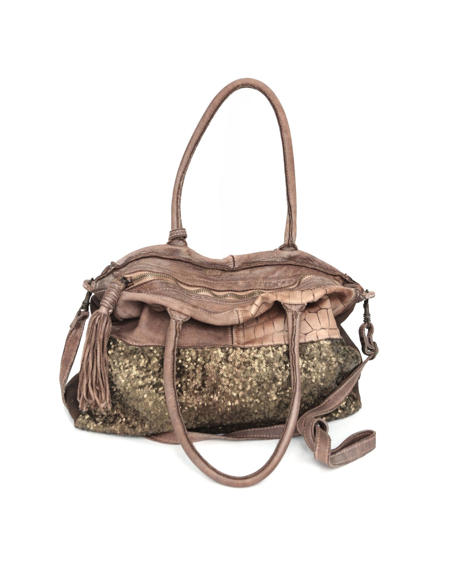 sequins chestnut multi texture leather bag