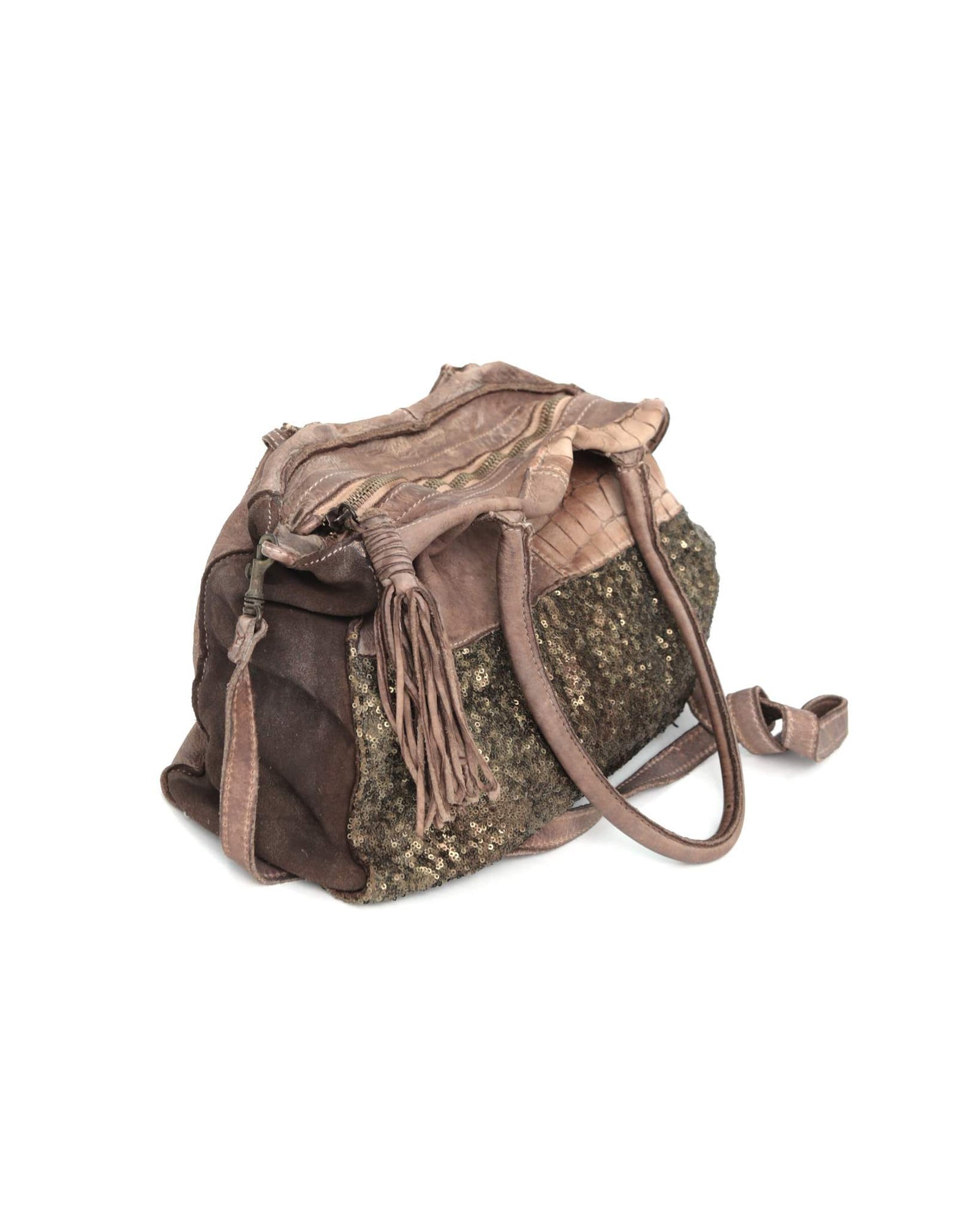 sequins chestnut multi texture leather bag