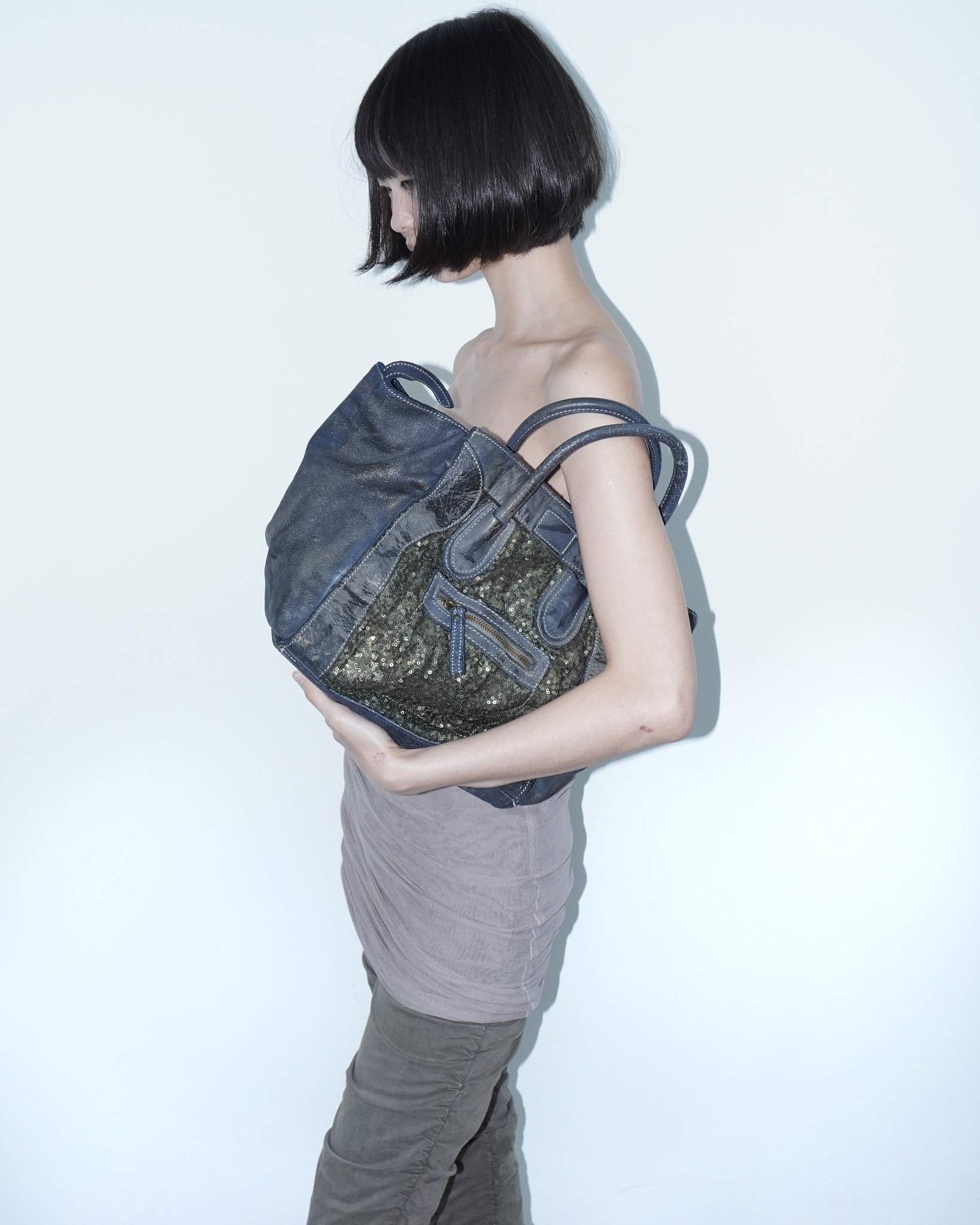 sequins dark blue multi texture leather bag