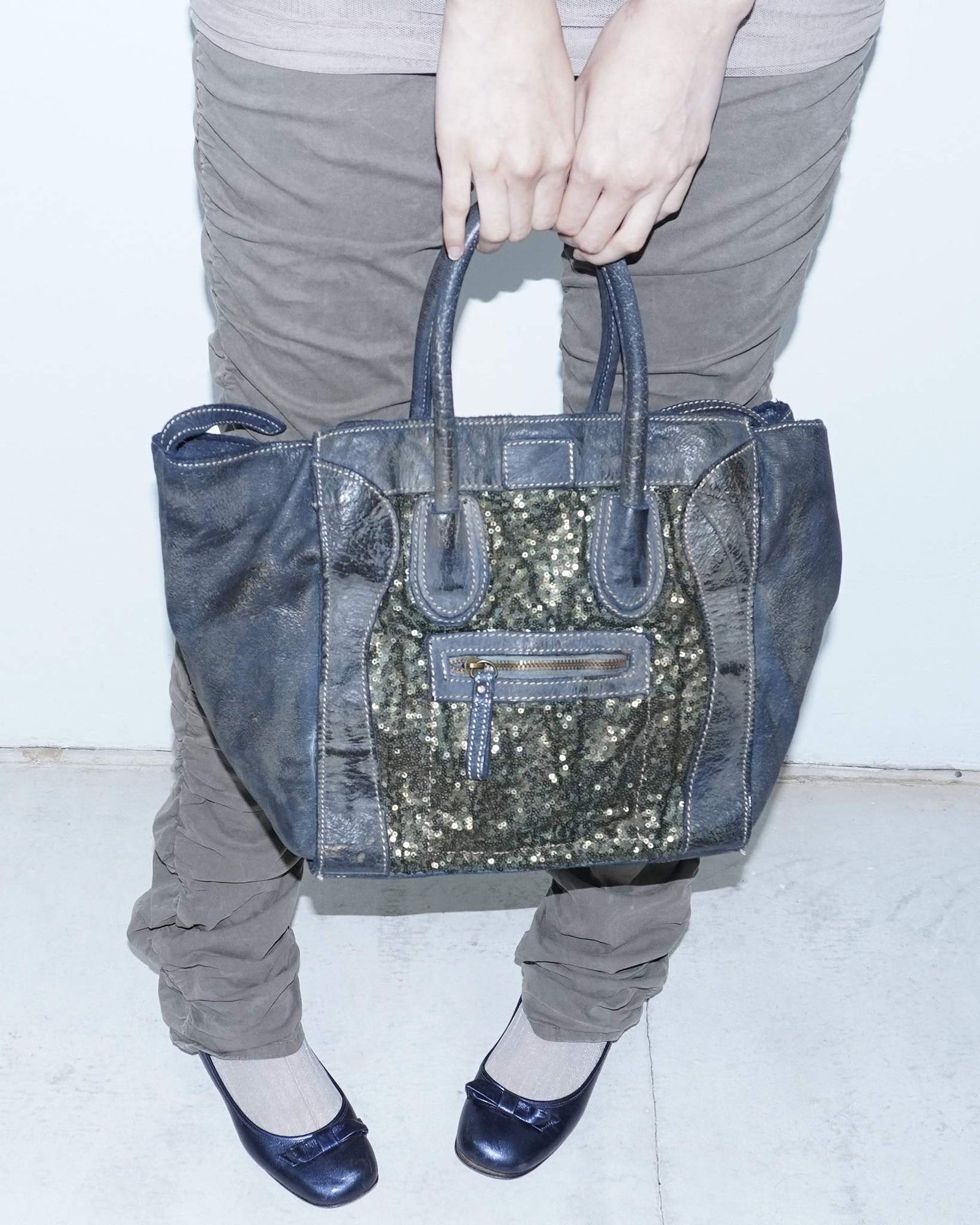 sequins dark blue multi texture leather bag