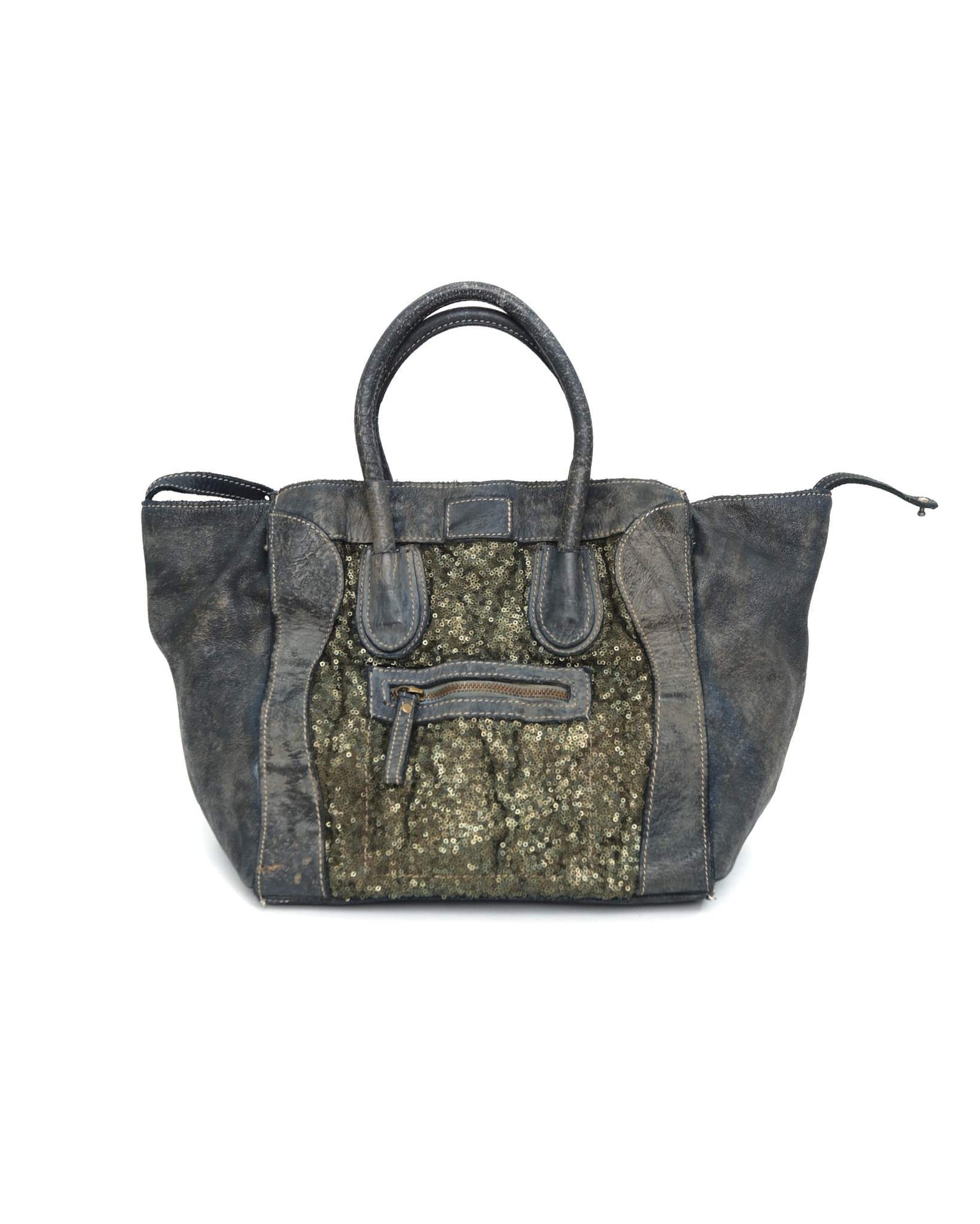 sequins dark blue multi texture leather bag