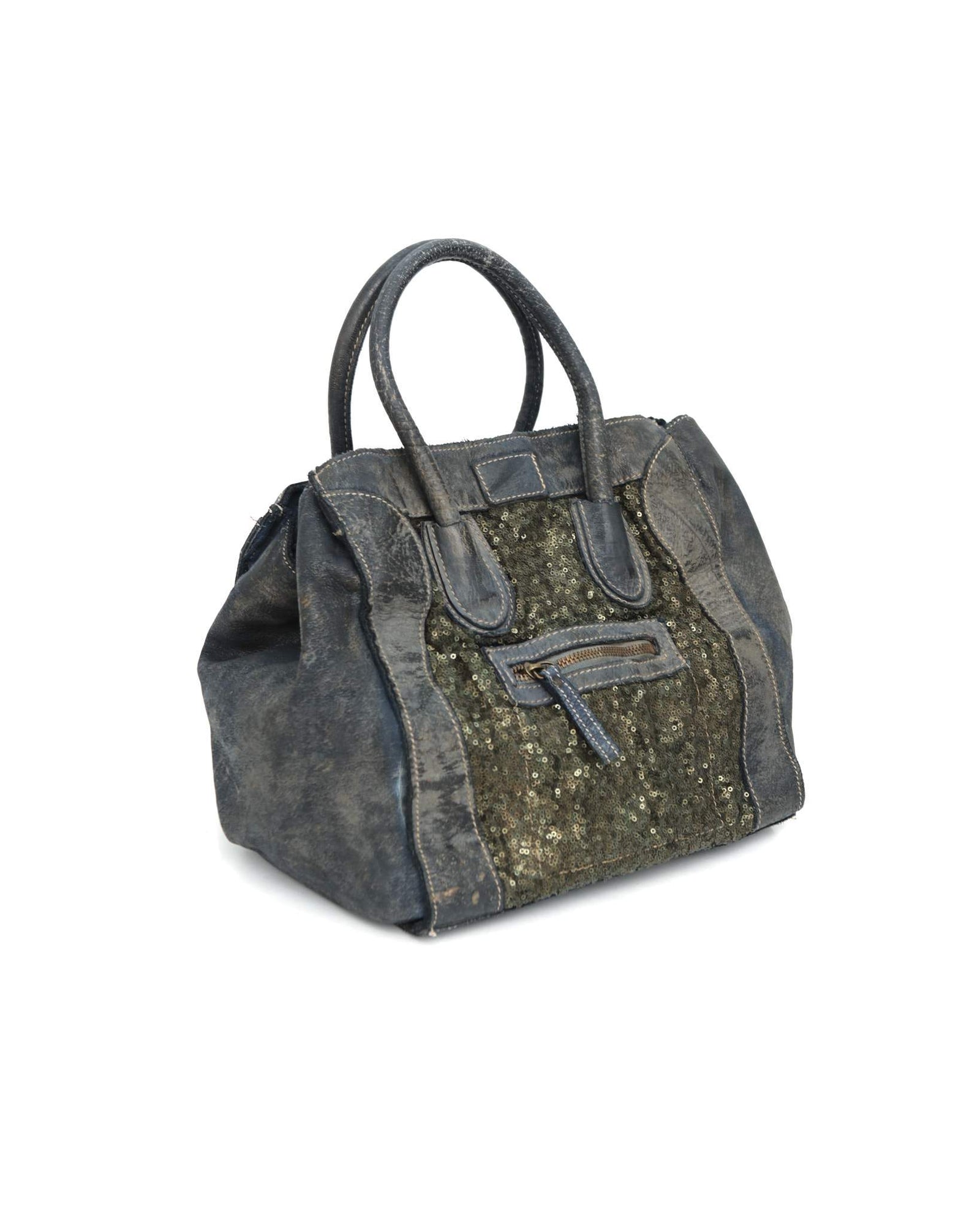 sequins dark blue multi texture leather bag