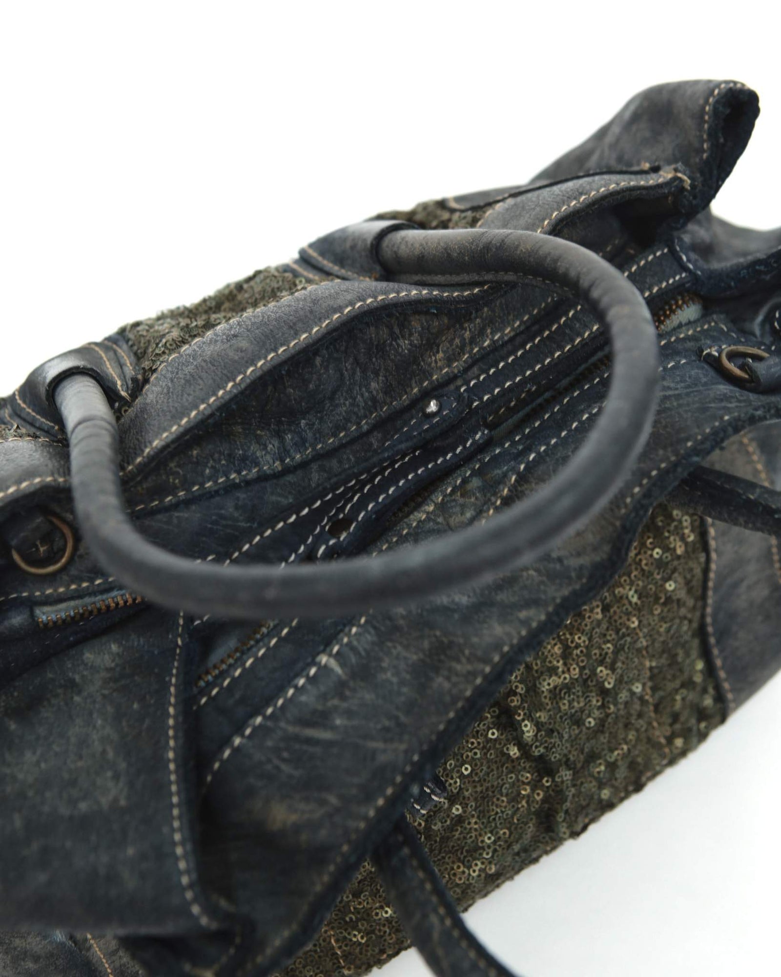 sequins dark blue multi texture leather bag
