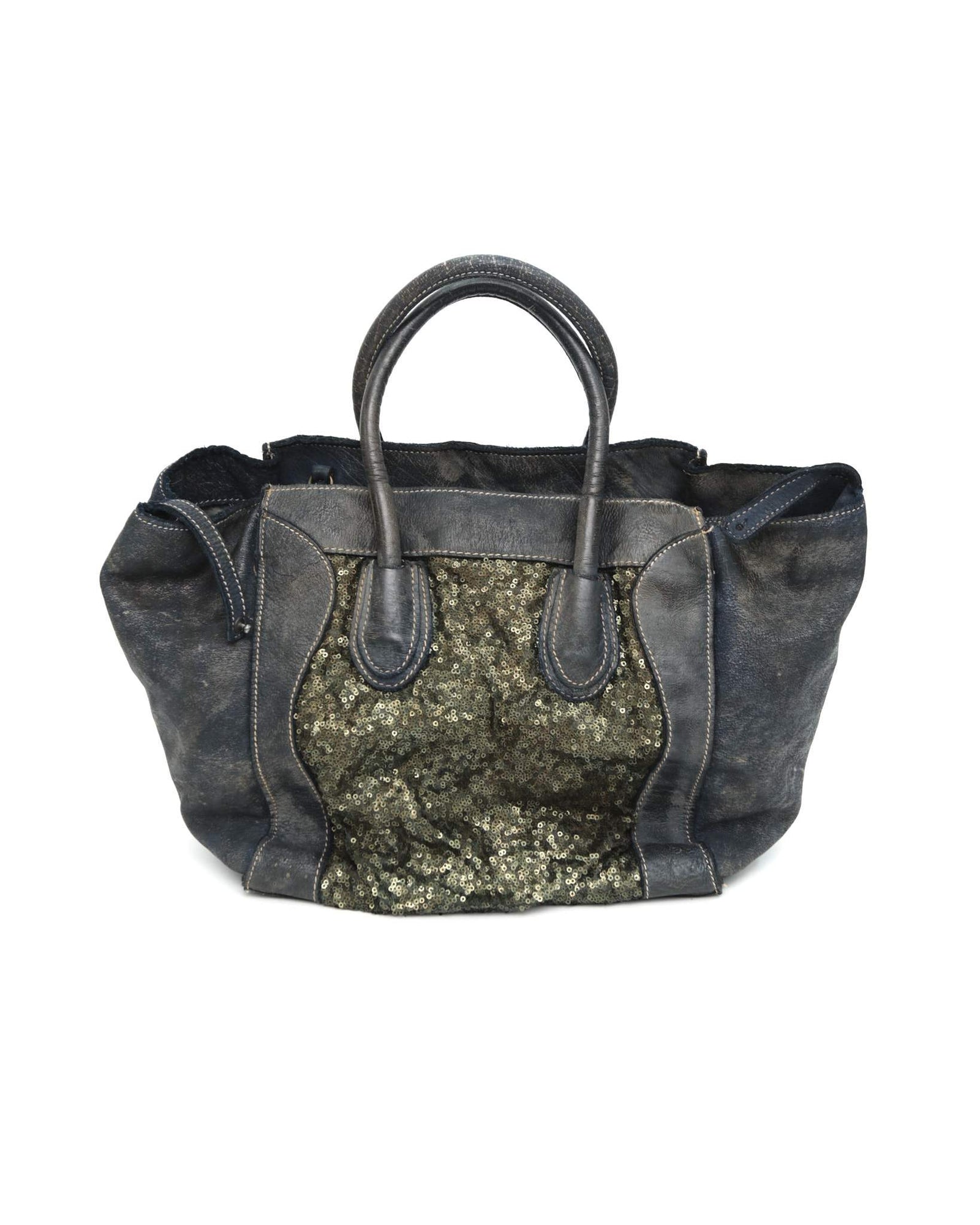 sequins dark blue multi texture leather bag