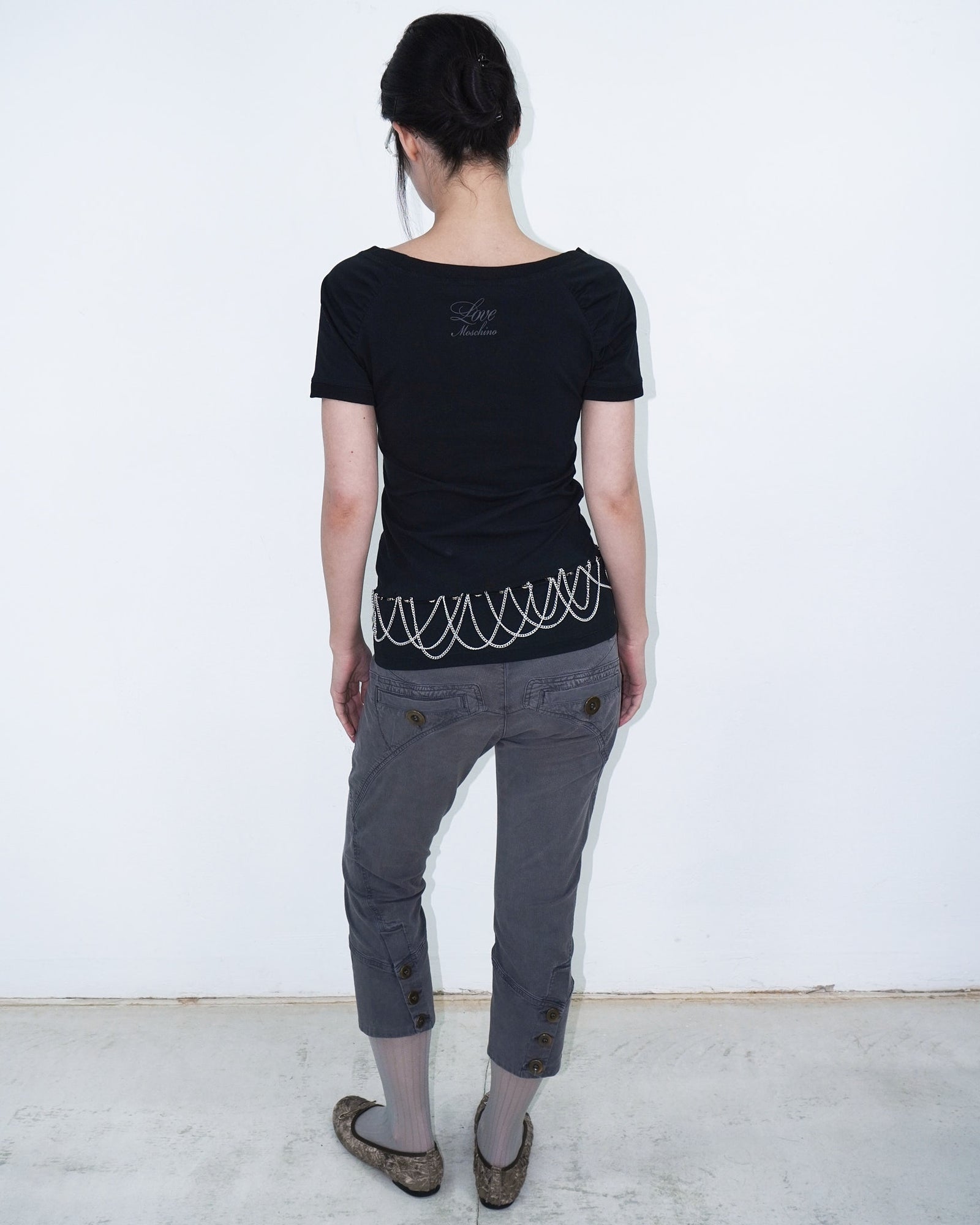 short sleeve top with graphical print and button detail