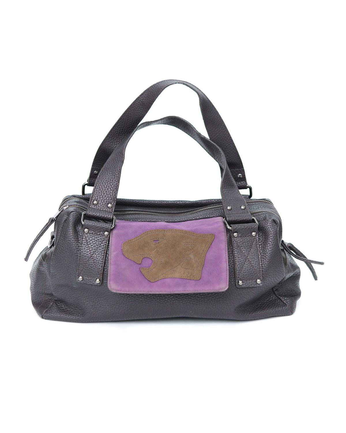 small aubergine leather multi zip bag