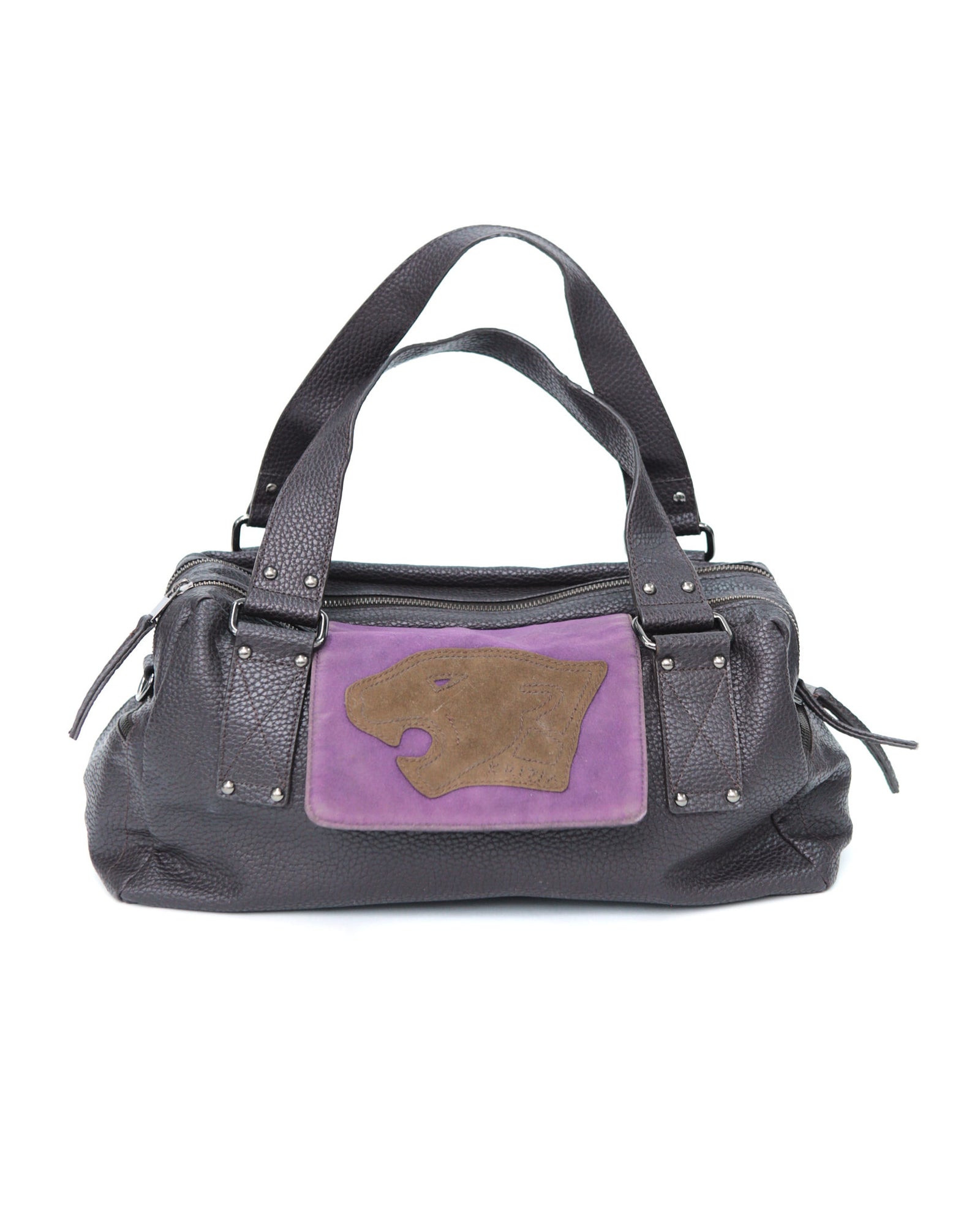small aubergine leather multi zip bag