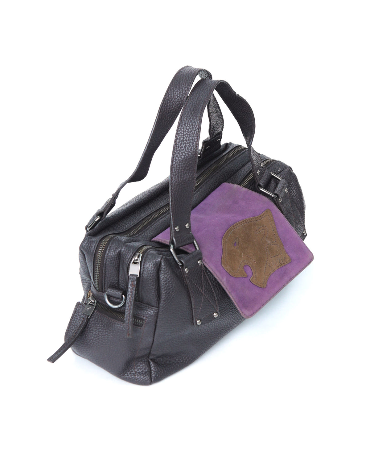 small aubergine leather multi zip bag