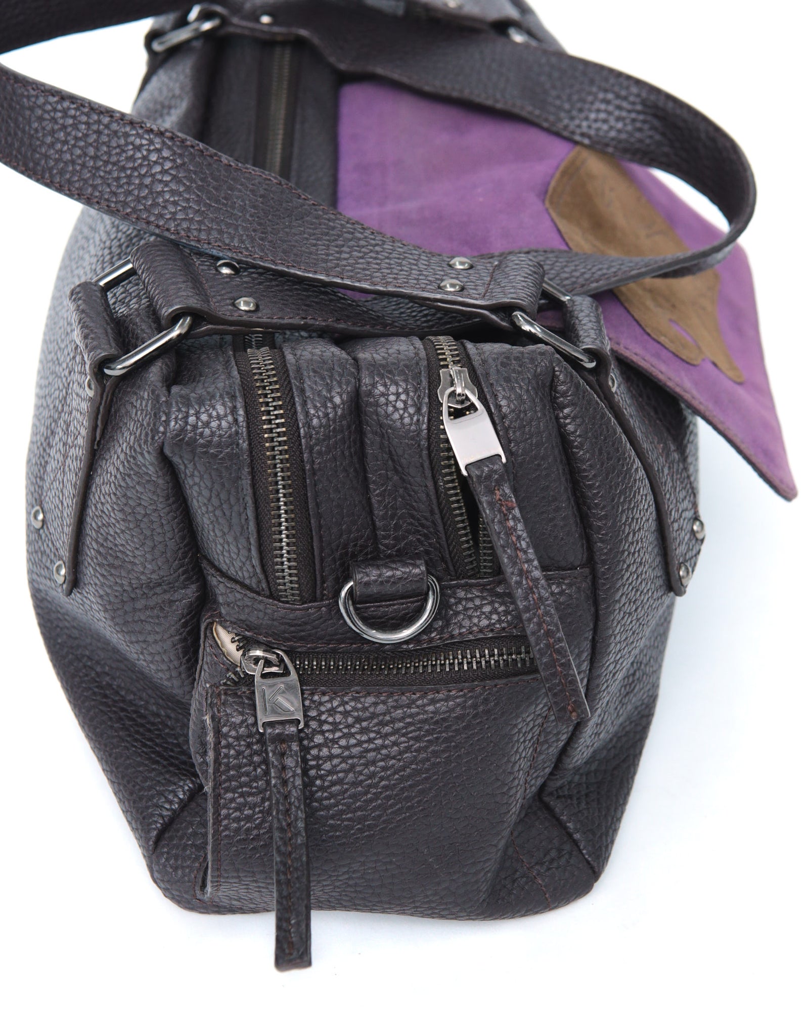 small aubergine leather multi zip bag