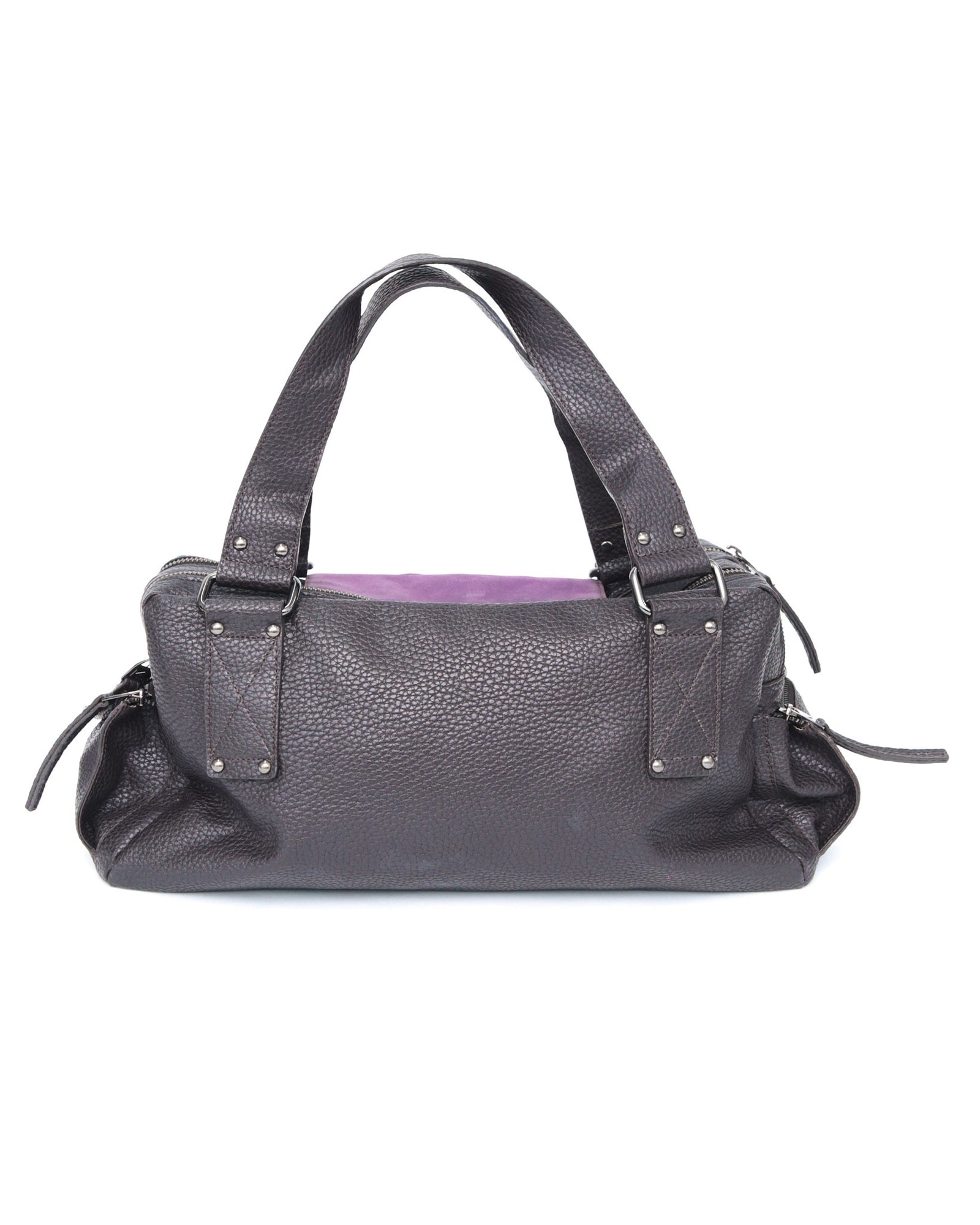 small aubergine leather multi zip bag