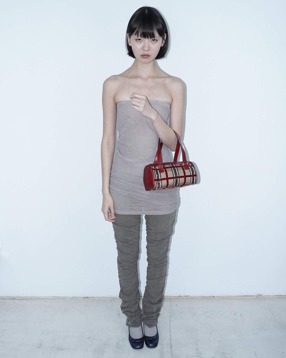 small beige and burgundy plaid shoulder bag