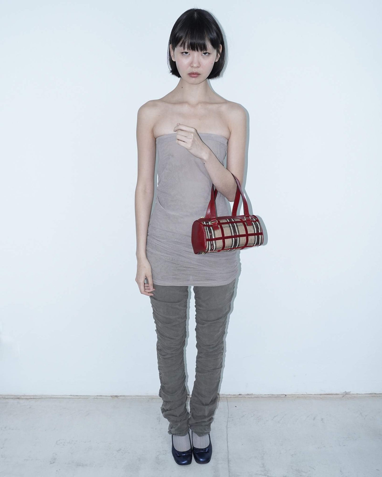 small beige and burgundy plaid shoulder bag