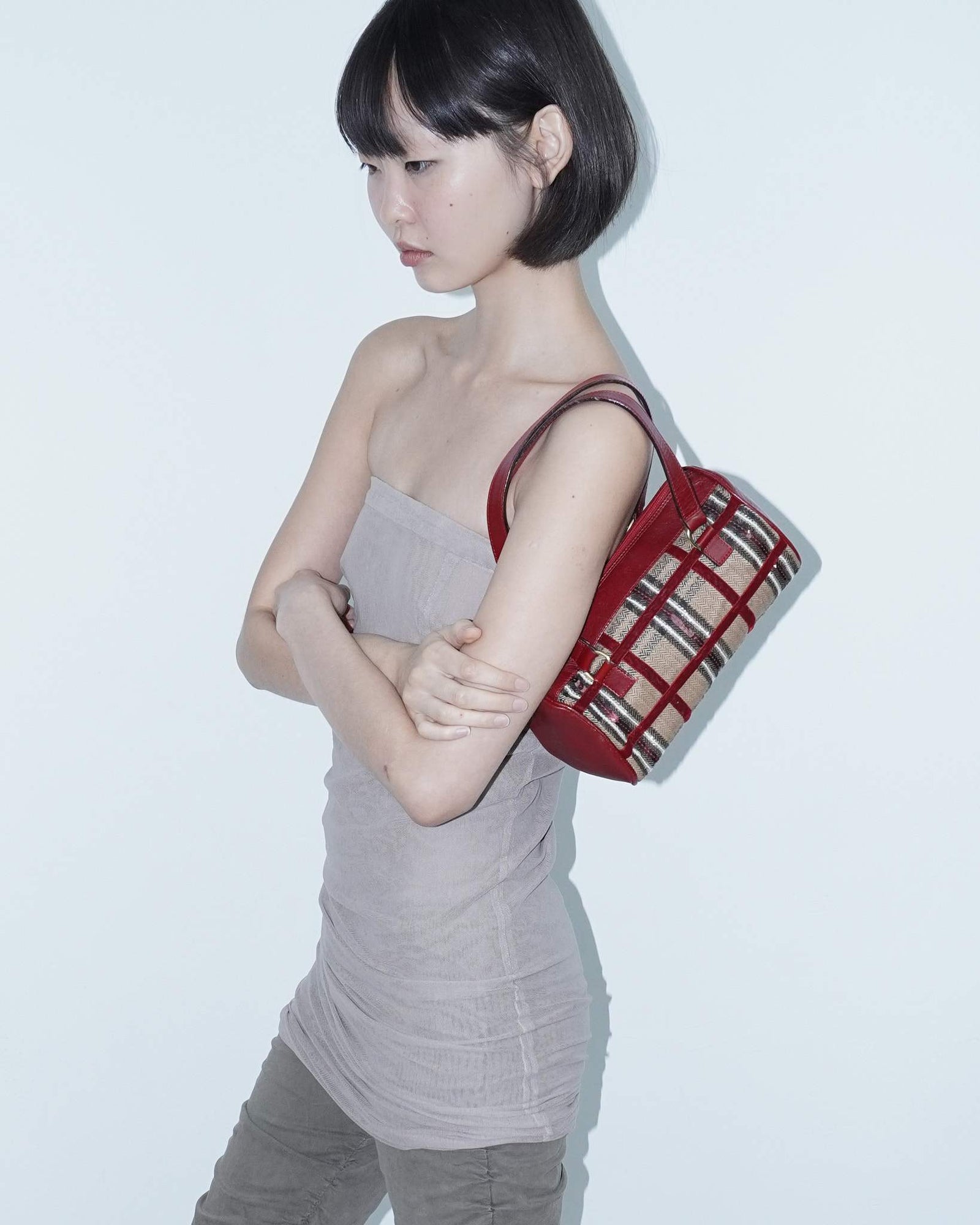 small beige and burgundy plaid shoulder bag