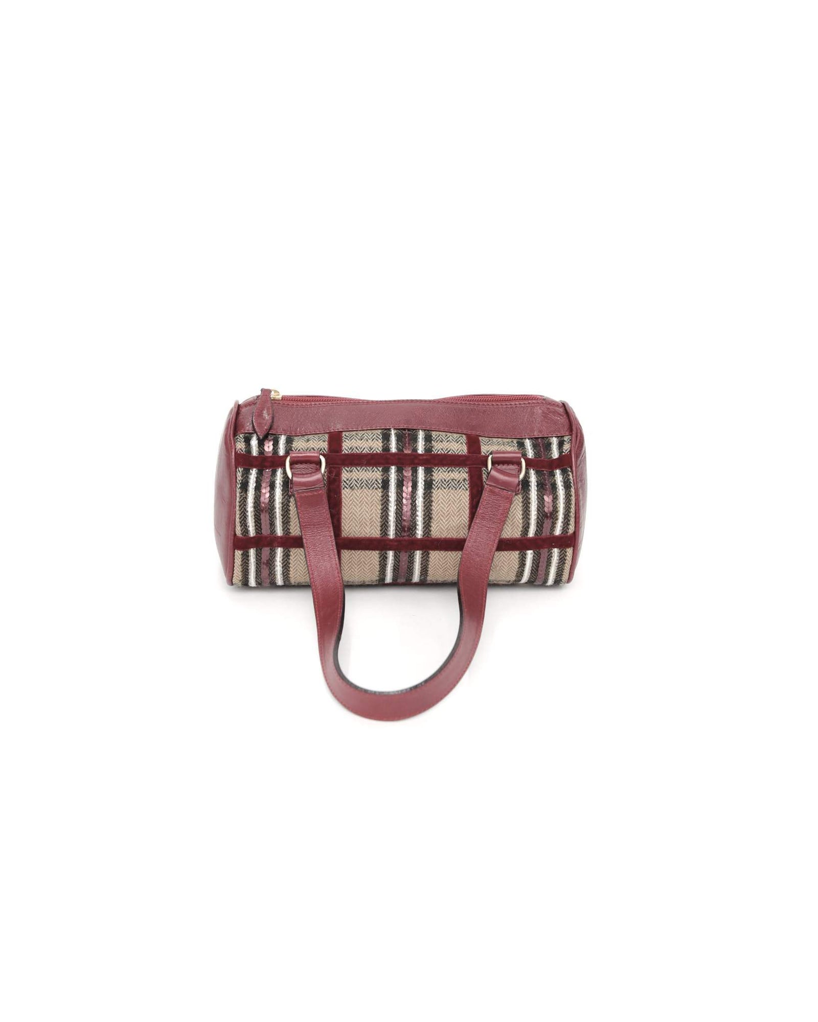 small beige and burgundy plaid shoulder bag